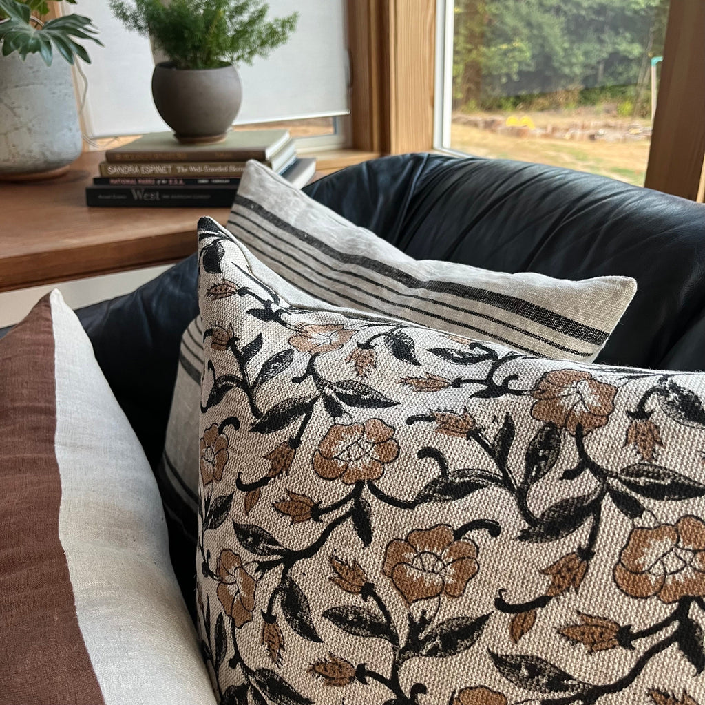 Black and tan floral linen pillow cover exposed zipper-leather pull  14x24 20”22"24” high quality floral pillow