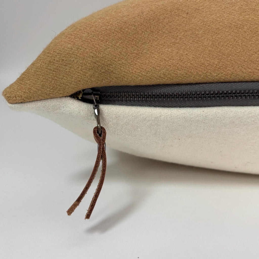 Wool Pillow Cover: Aztec Southwestern Design, Rust and yellow Leather Pull (18x18”)