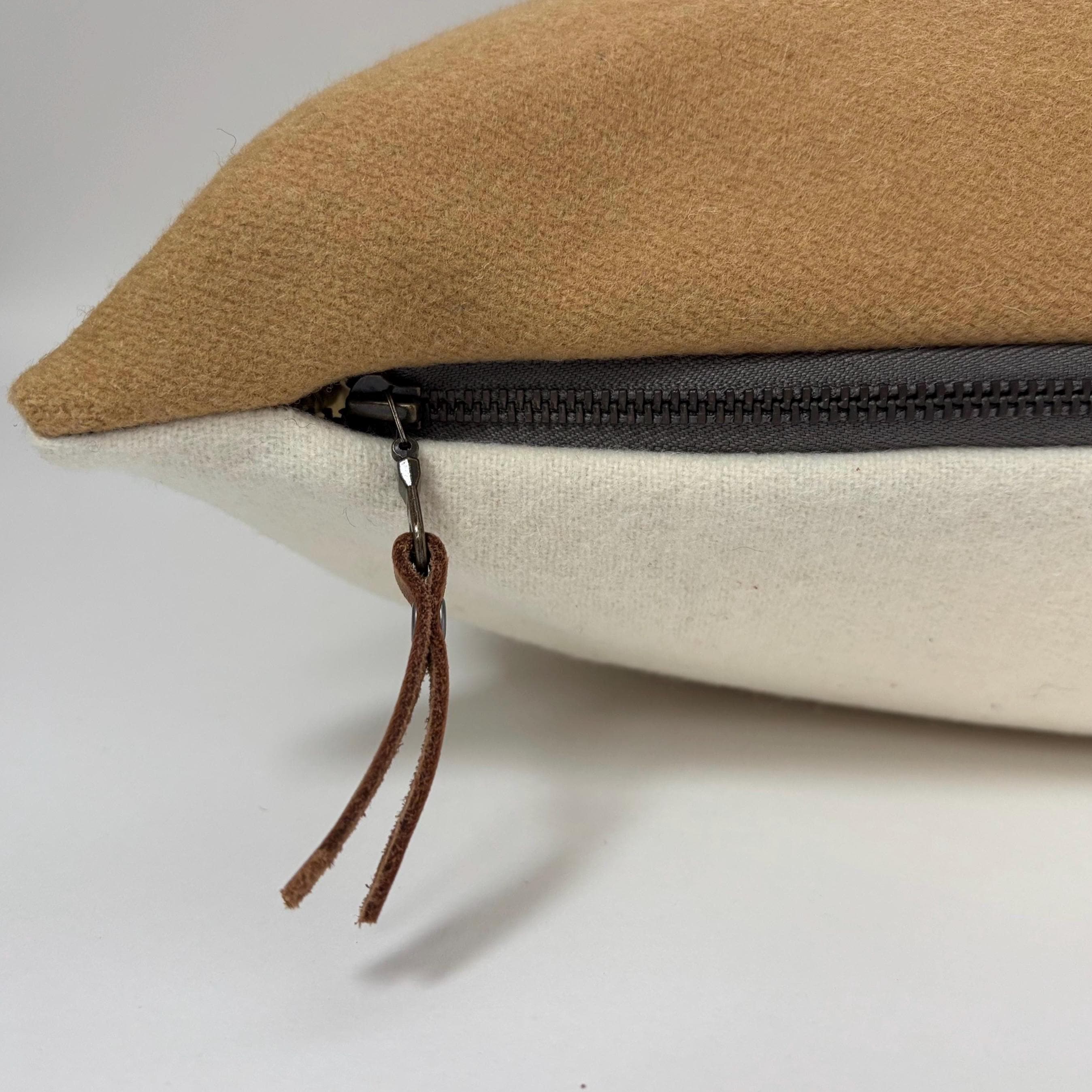 Wool Pillow Cover: Aztec Southwestern Design, Rust and yellow Leather Pull (18x18”)