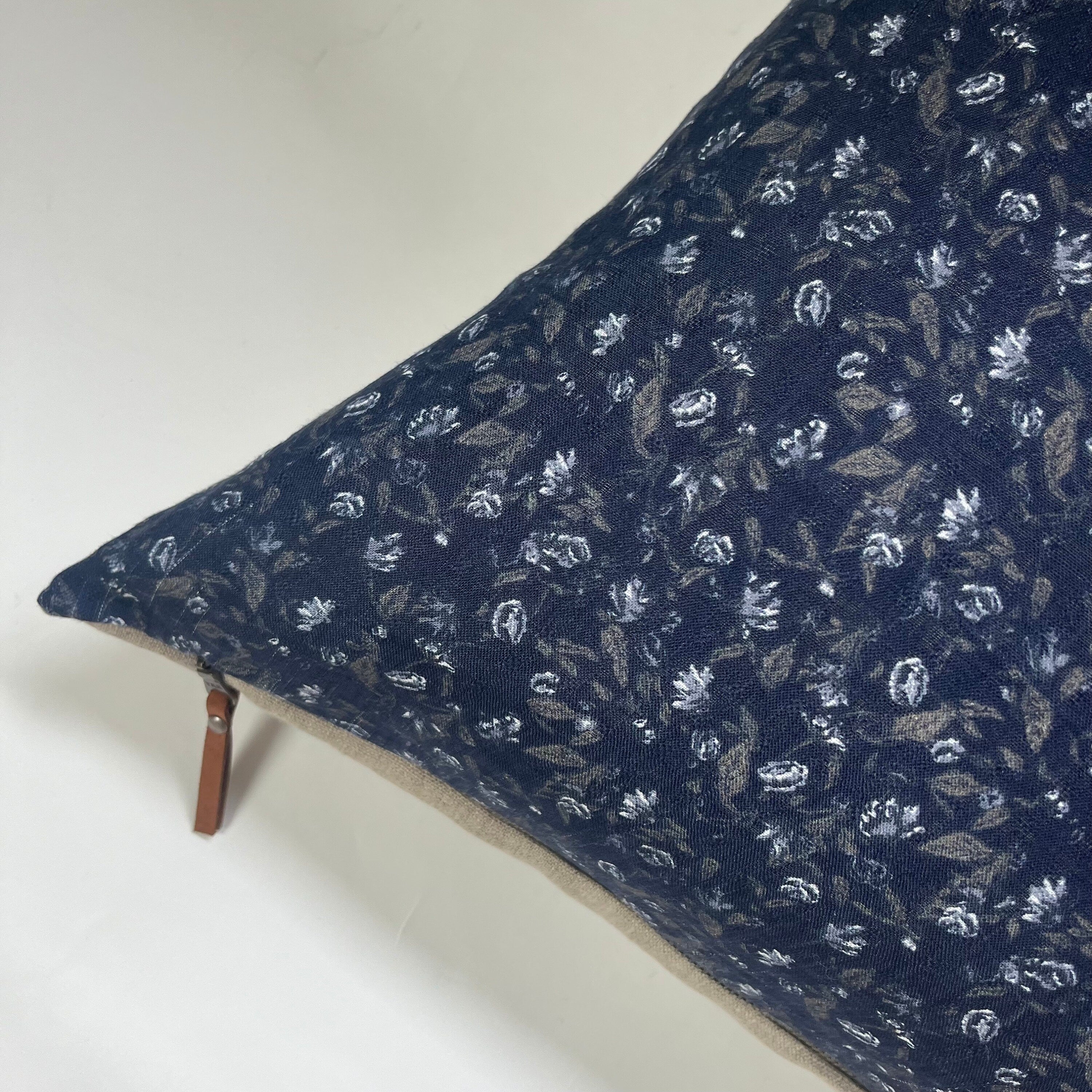 Navy Floral Linen Pillow Cover: Exposed Zipper, Leather Pull