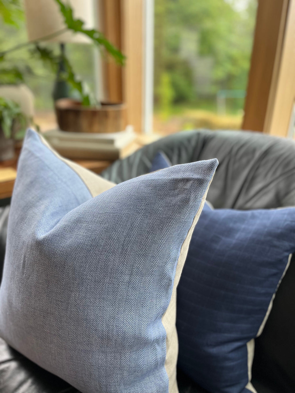 Navy Checked Linen Pillow Cover: Exposed Zipper, Leather Pull