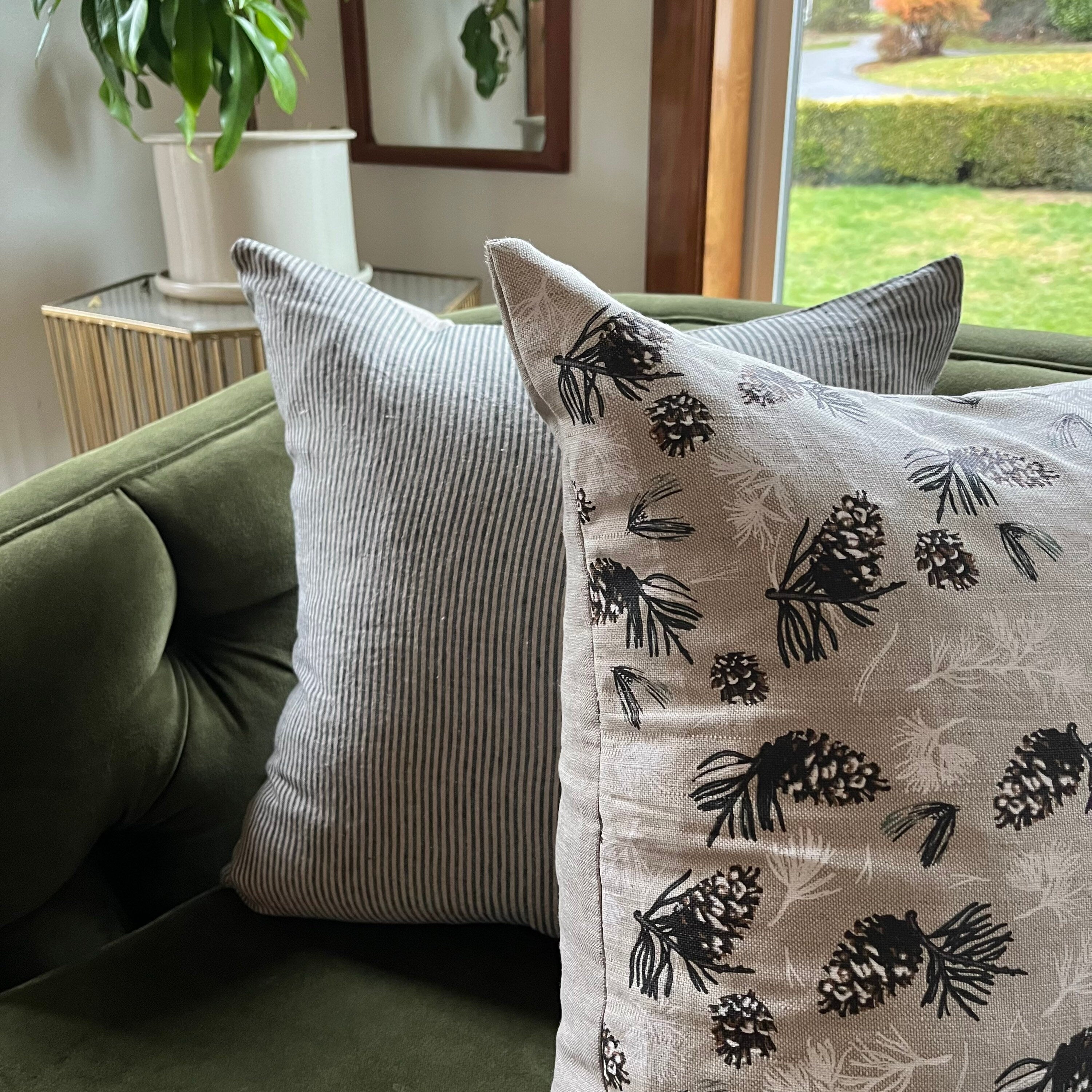 Christmas pillow pine cone winter  linen pillow cover exposed zipper-leather pull  14x24 20x20 forest scene housewarming gift