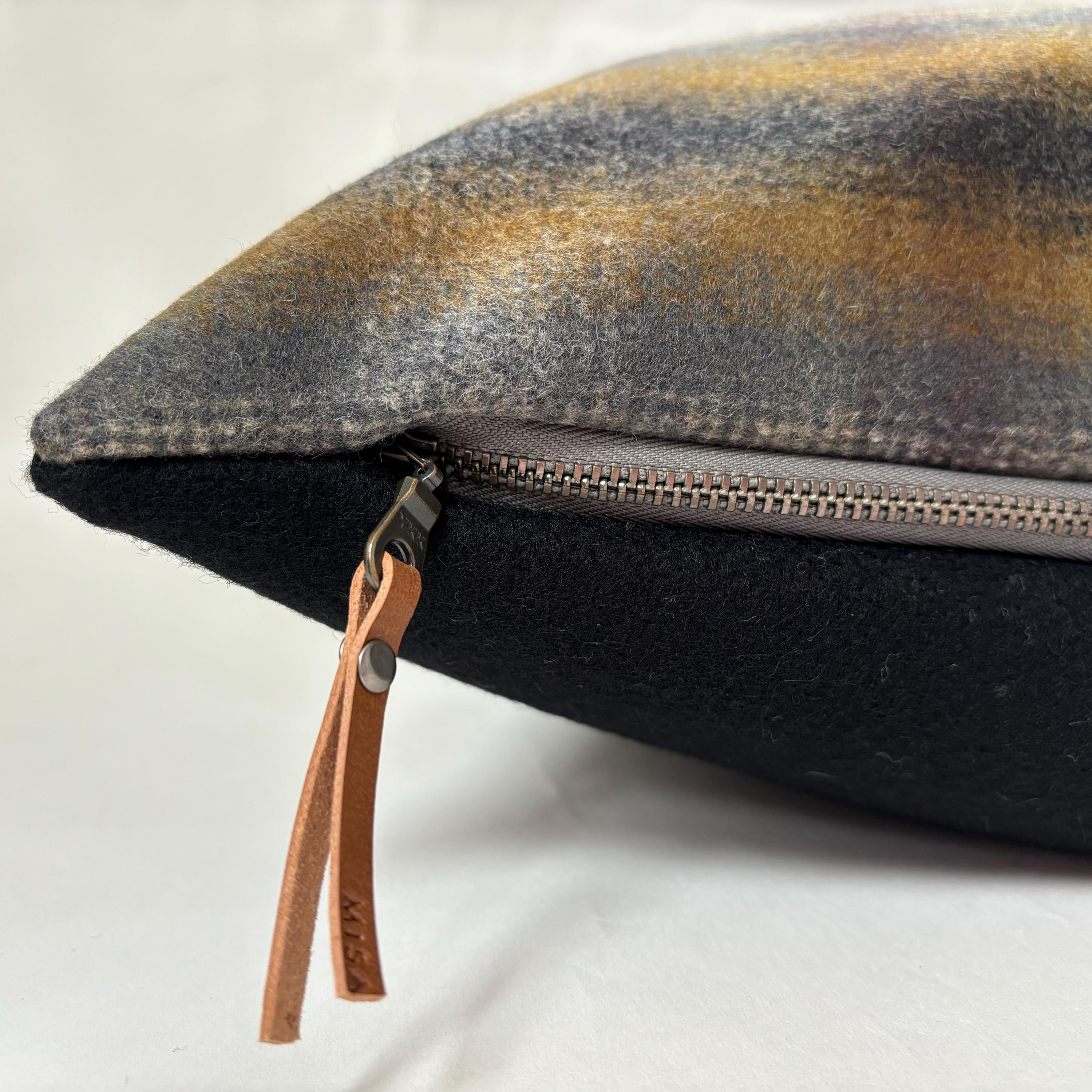 Wool Pillow Cover: Blue and tans Plaid Throw Pillow with Leather Pull