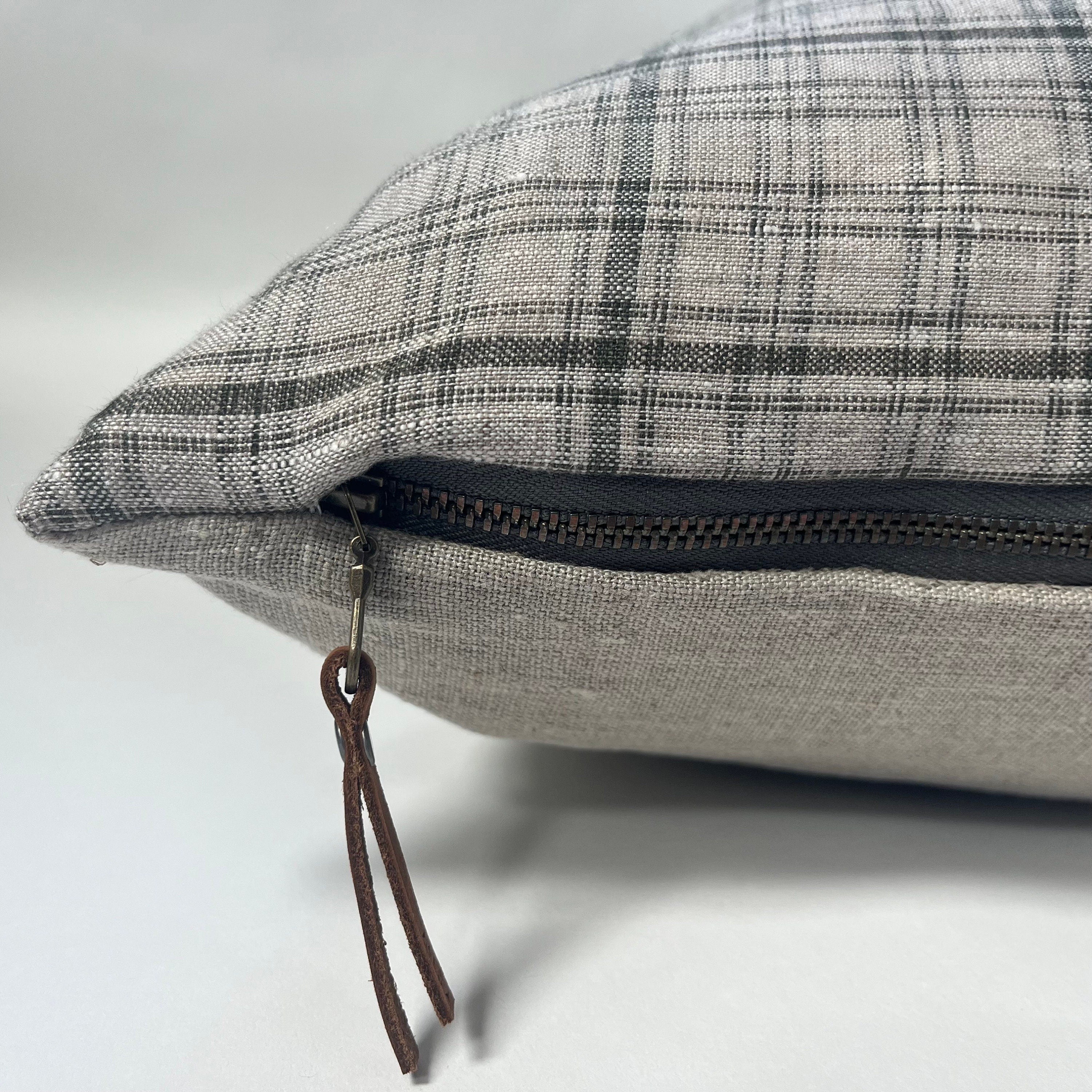 Plaid Linen Pillow Cover: Tan Green Throw Pillow with Leather Pull