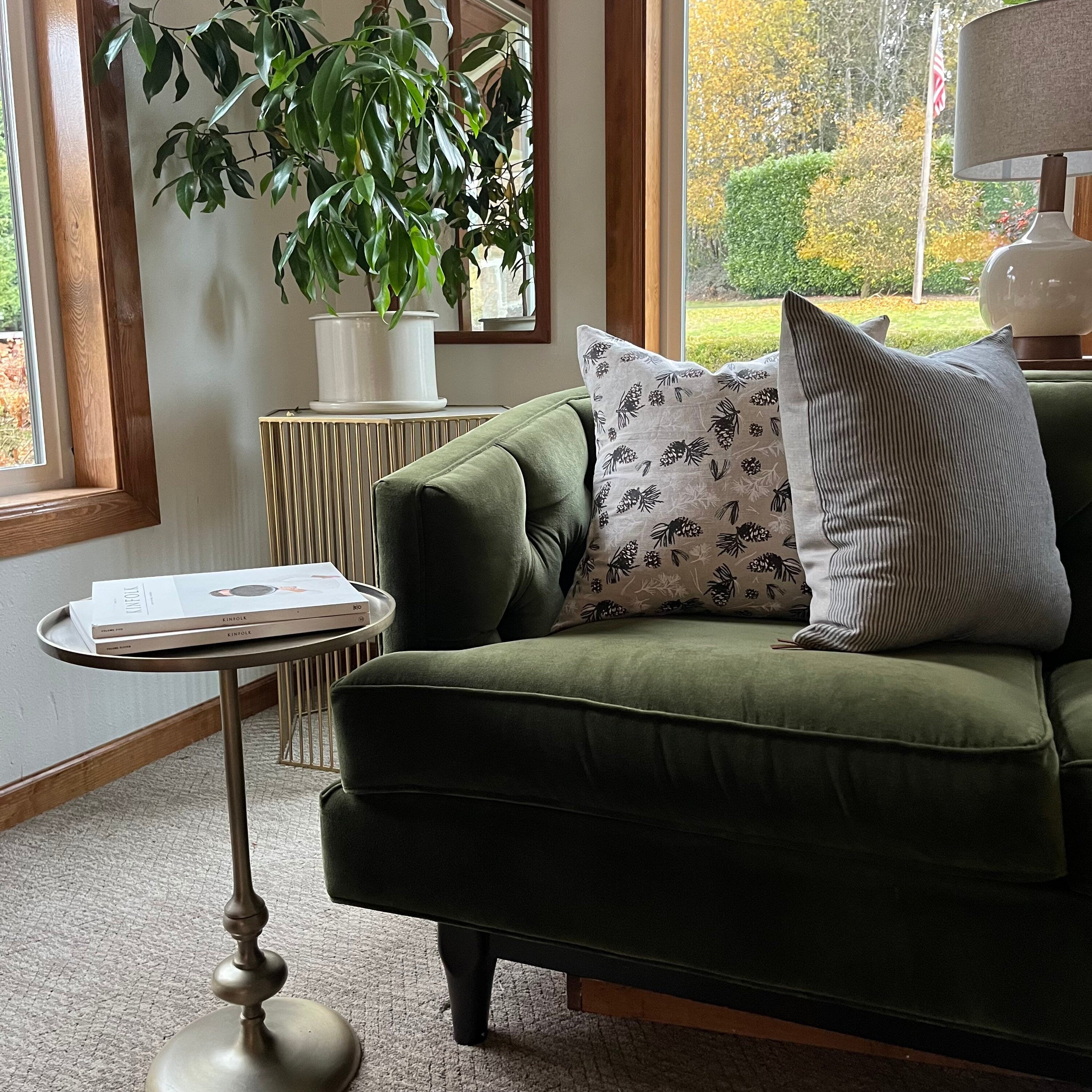 Christmas pillow pine cone winter  linen pillow cover exposed zipper-leather pull  14x24 20x20 forest scene housewarming gift