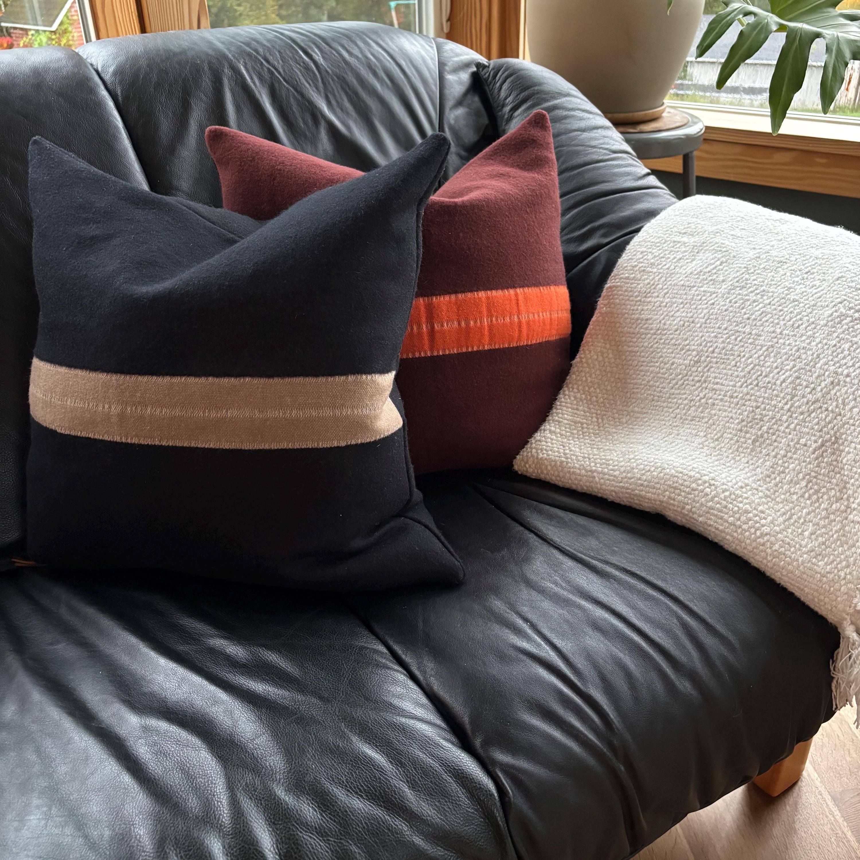 maroon wool pillow with an orange stripe 18” winter wool exposed zipper striped pillow housewarming gift