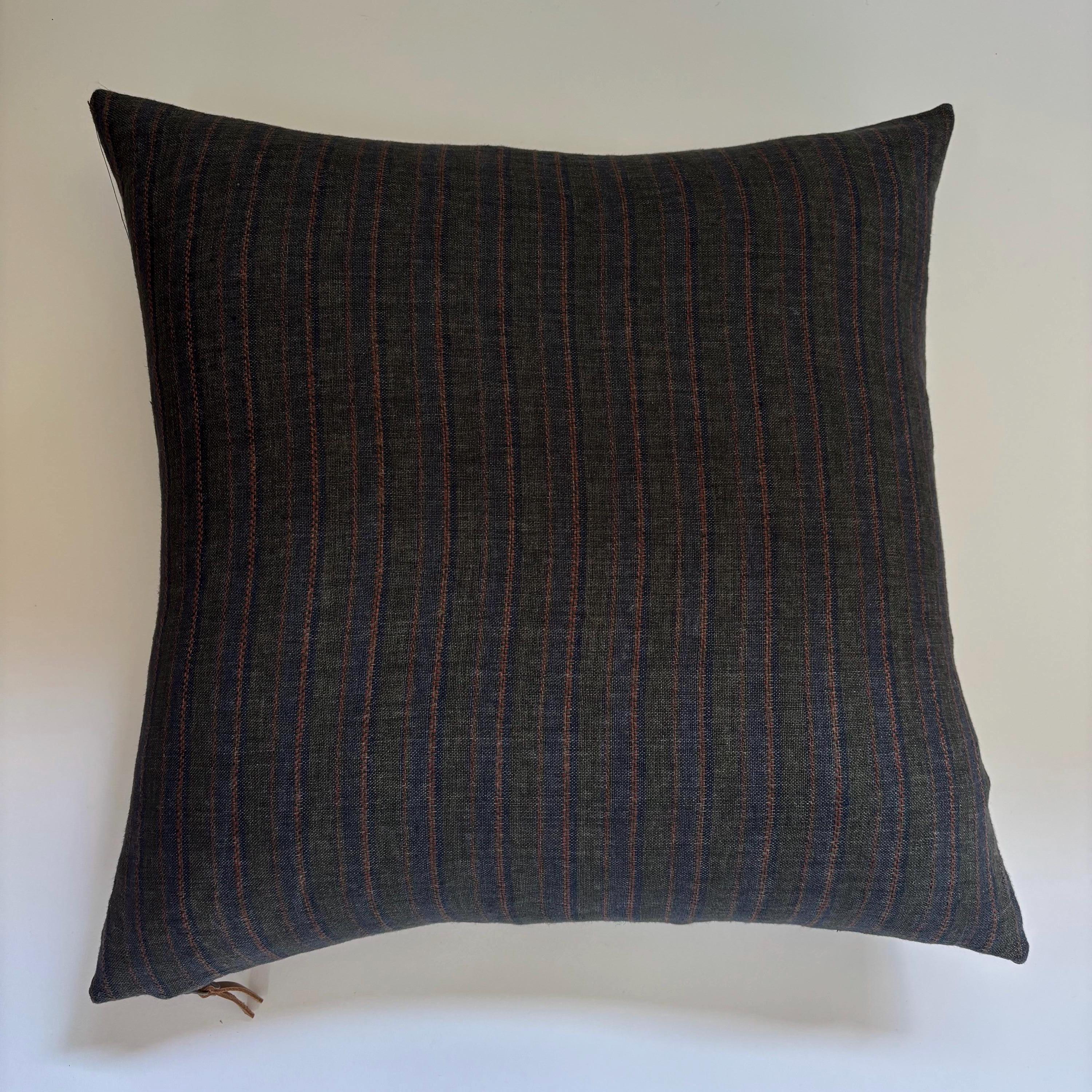 Striped Linen Pillow Cover: Green and blue with Leather Zipper Pull housewarming gift 18”20”22”24” 100 percent linen