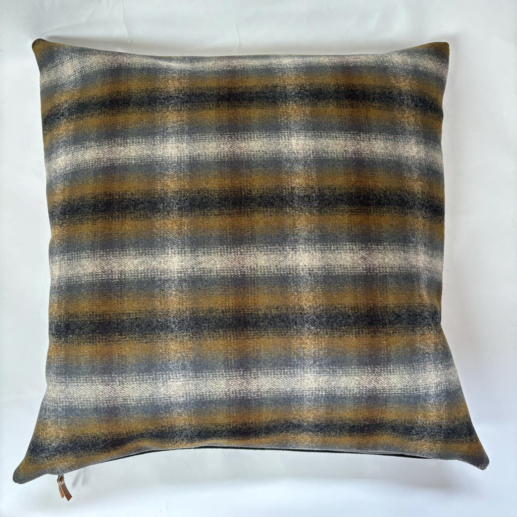 Wool Pillow Cover: Blue and tans Plaid Throw Pillow with Leather Pull