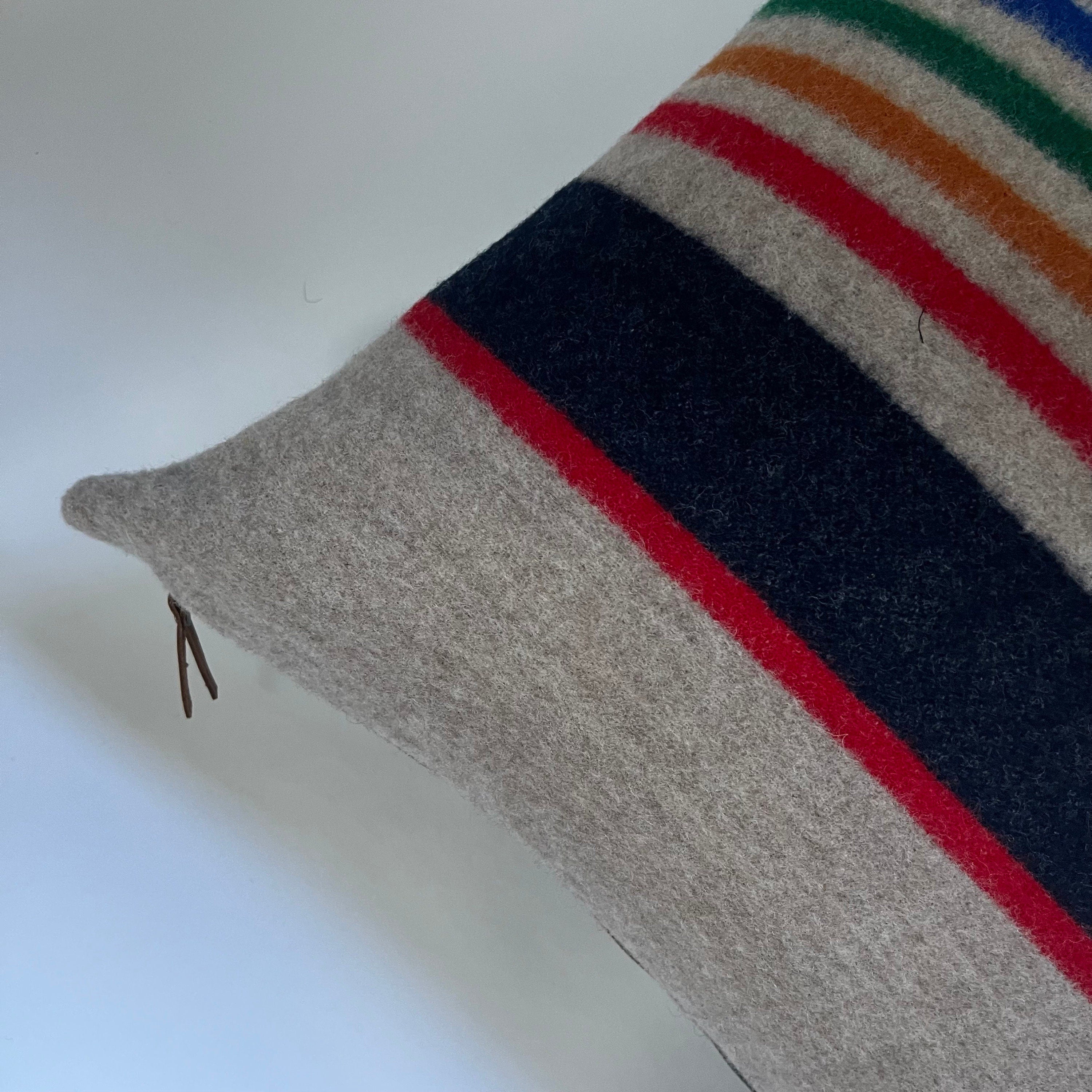 Multicolored striped wool pillow cover Yellowstone wool exposed zipper-leather pull 20x20 handmade house warming gift