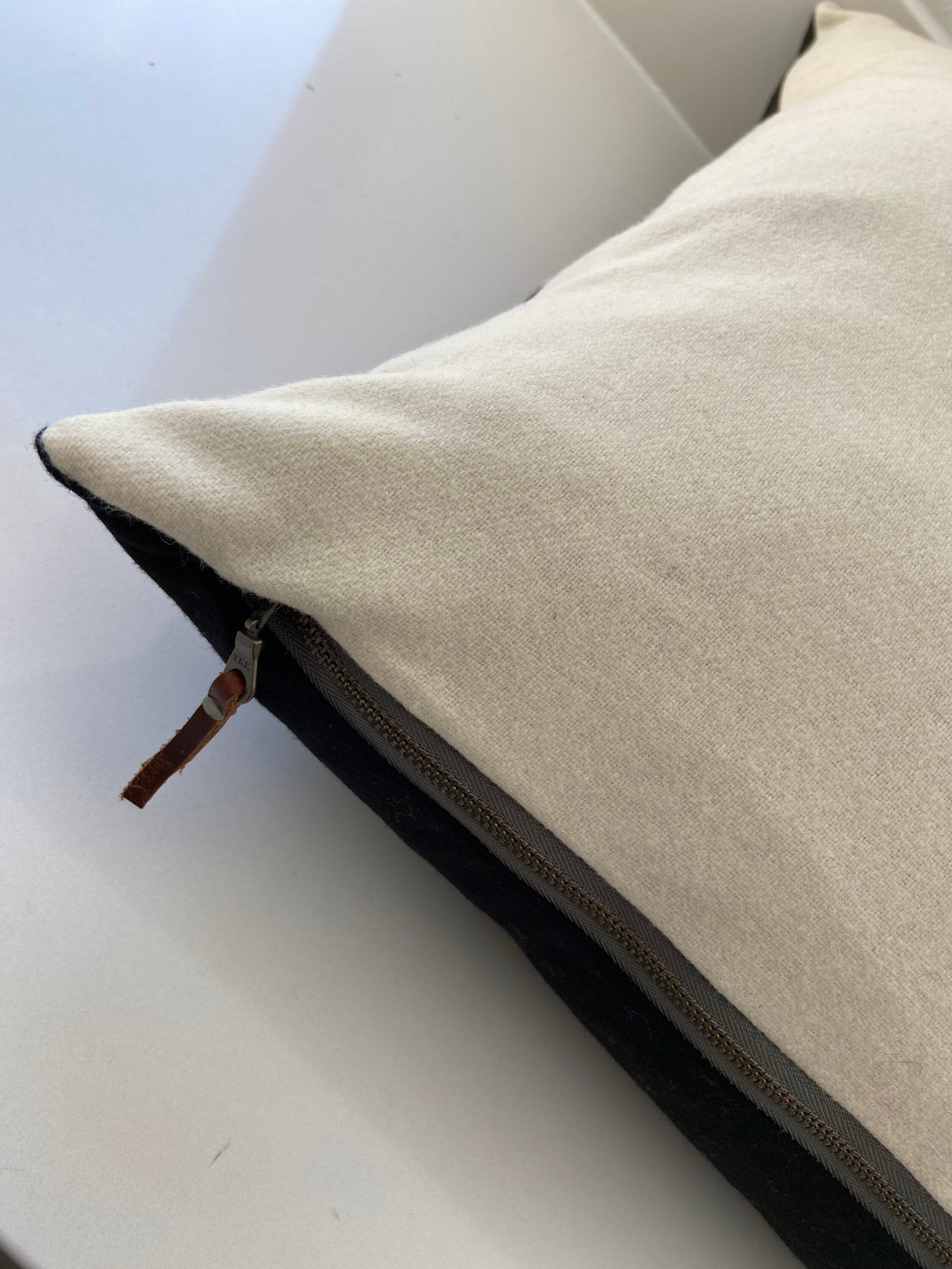 Swisscross wool pillow cover cream with black cross exposed zipper-leather pull 20x20 or 24x14 lumbar