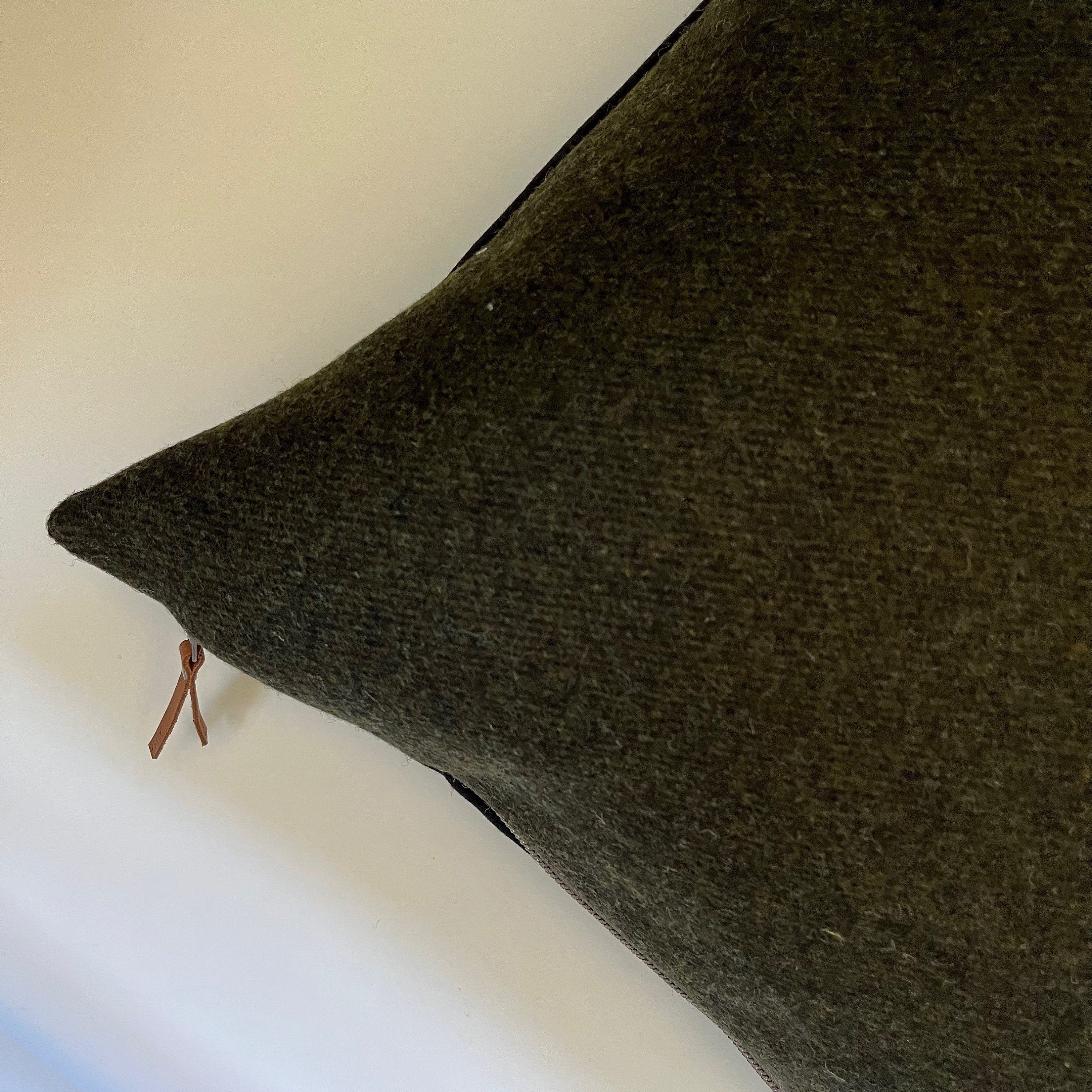 Black and green pinstriped wool pillow cover exposed zipper-leather pull 24"22" 20" 14x24" handmade