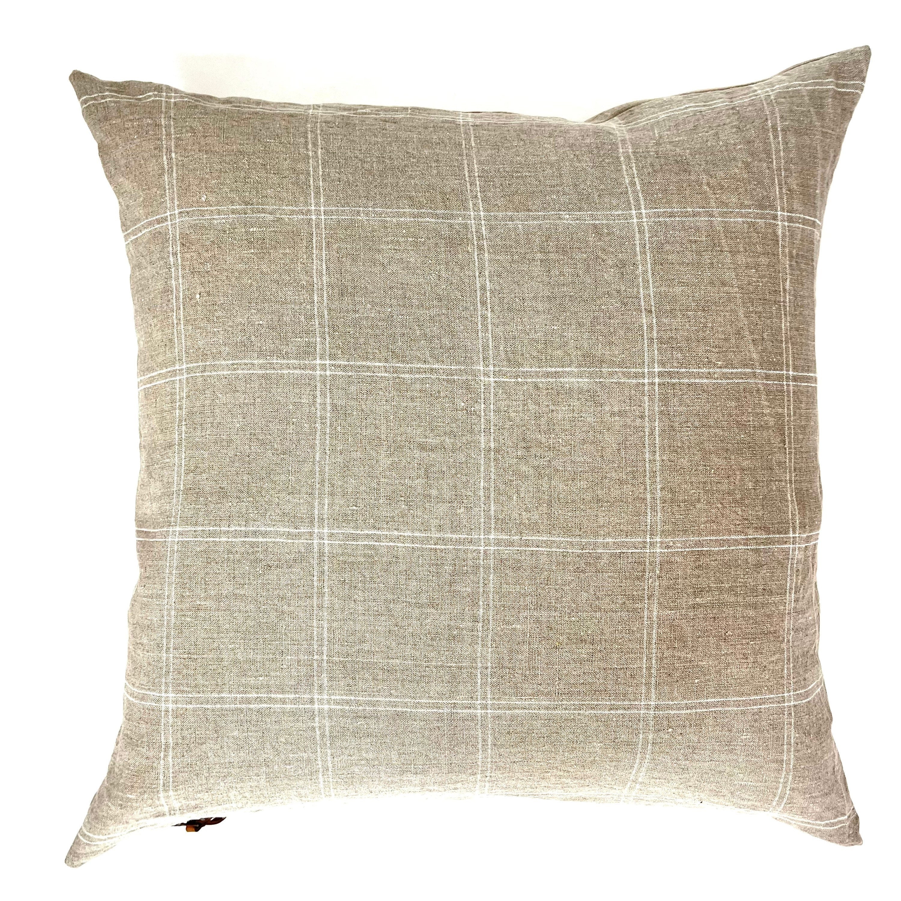 white and tan plaid linen pillow cover exposed zipper-leather pull 20"22"24"14x24 high quality 100% linen housewarming gift