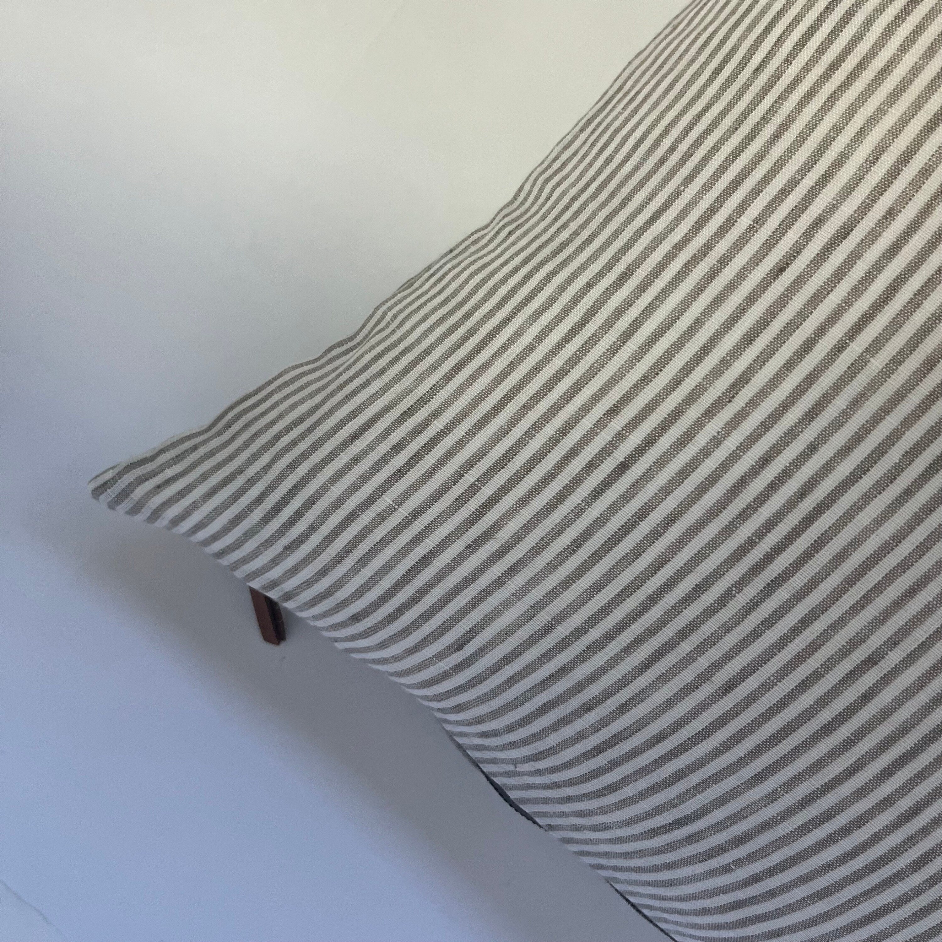Tan and white striped linen pillow neutral pillow exposed zipper 100% linen striped pillow leather pull 24” 22" 20” 14x24” housewarming gift
