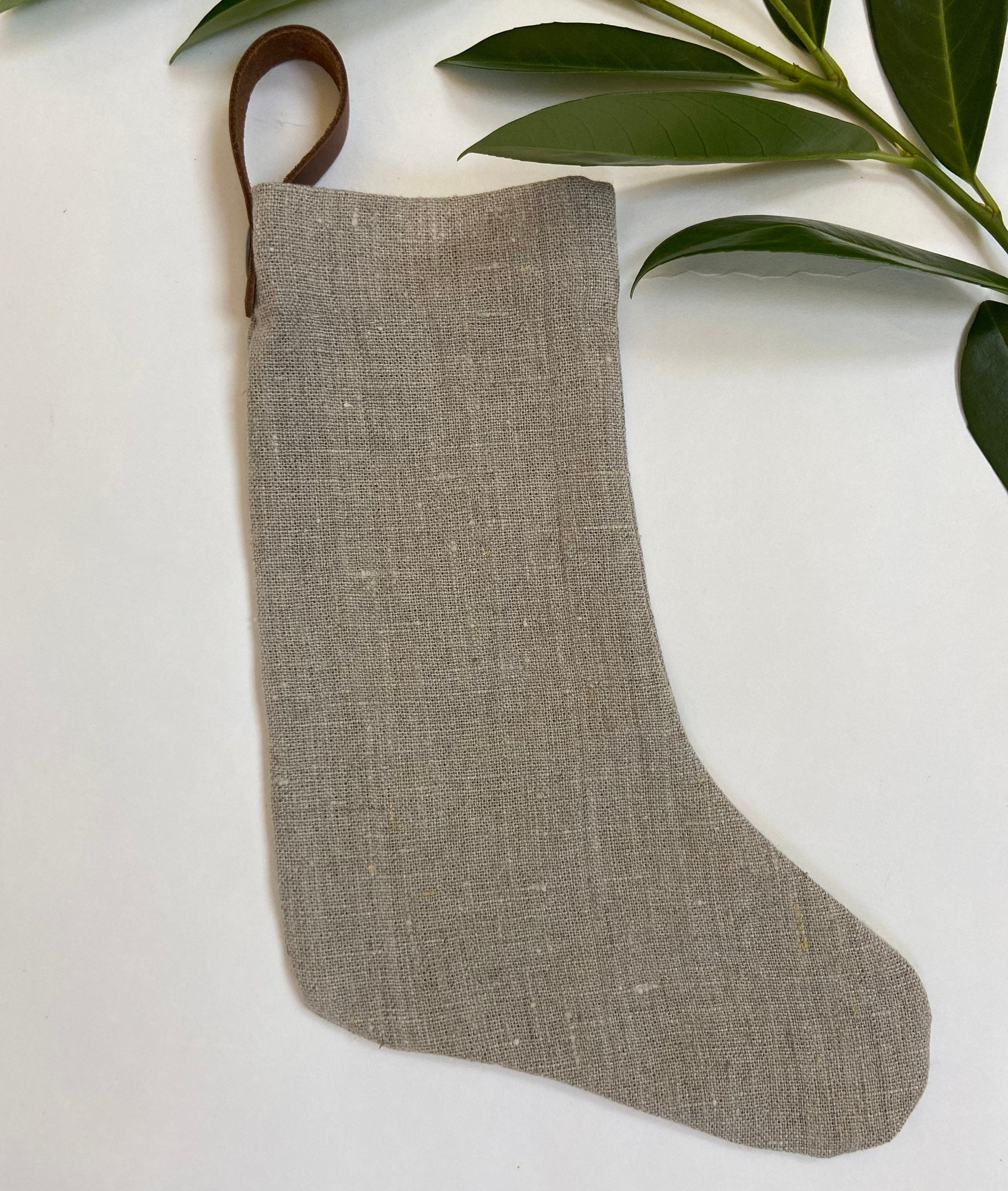 Christmas stocking Natural linen baby puppy kitten mini stocking leather hanging tabs handmade hand stitched High quality linen