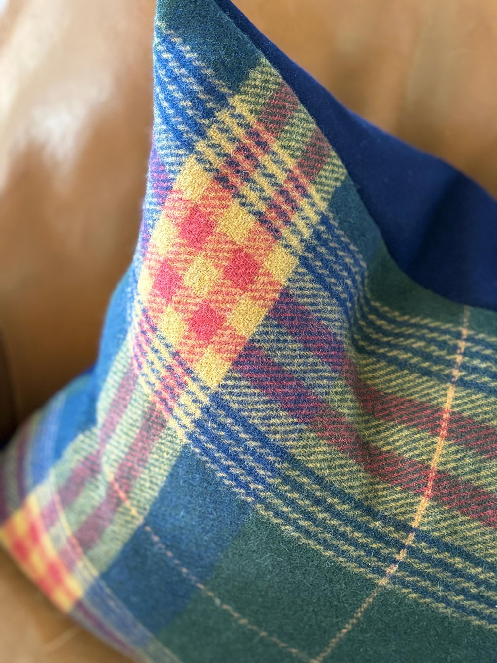Wool Pillow Cover: Blue Gold Red Plaid, Leather Pull