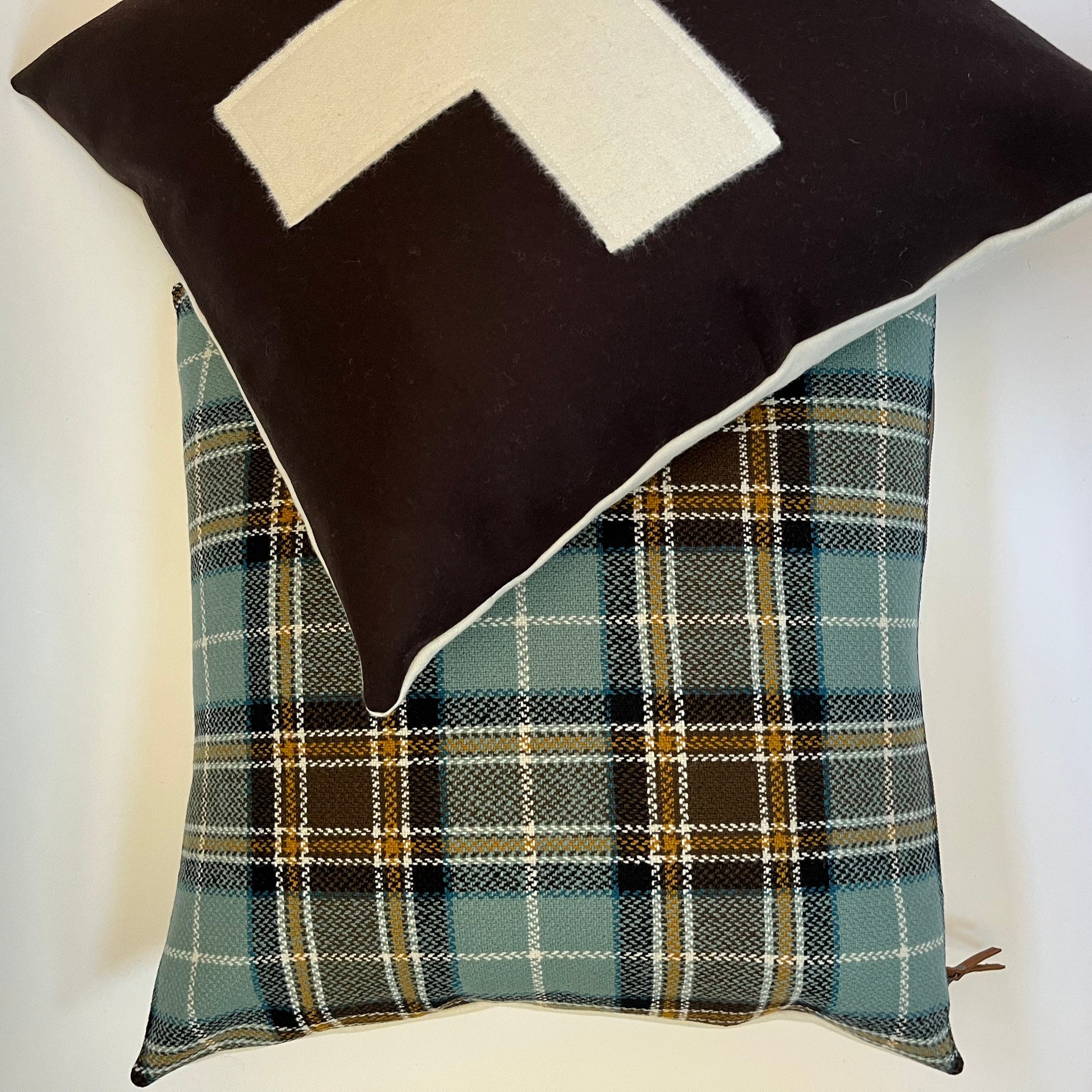 Swisscross wool pillow cover chocolate brown with cream swisscross exposed zipper-leather pull 20x20 or 24x14 handmade