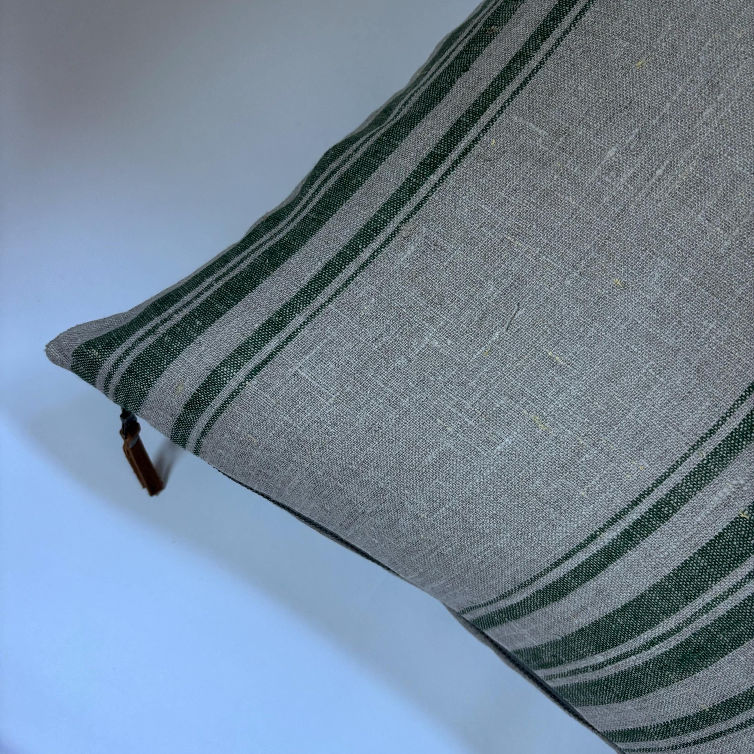 Green Striped Linen Pillow Cover: 18x18 Throw Pillow with Leather Pull