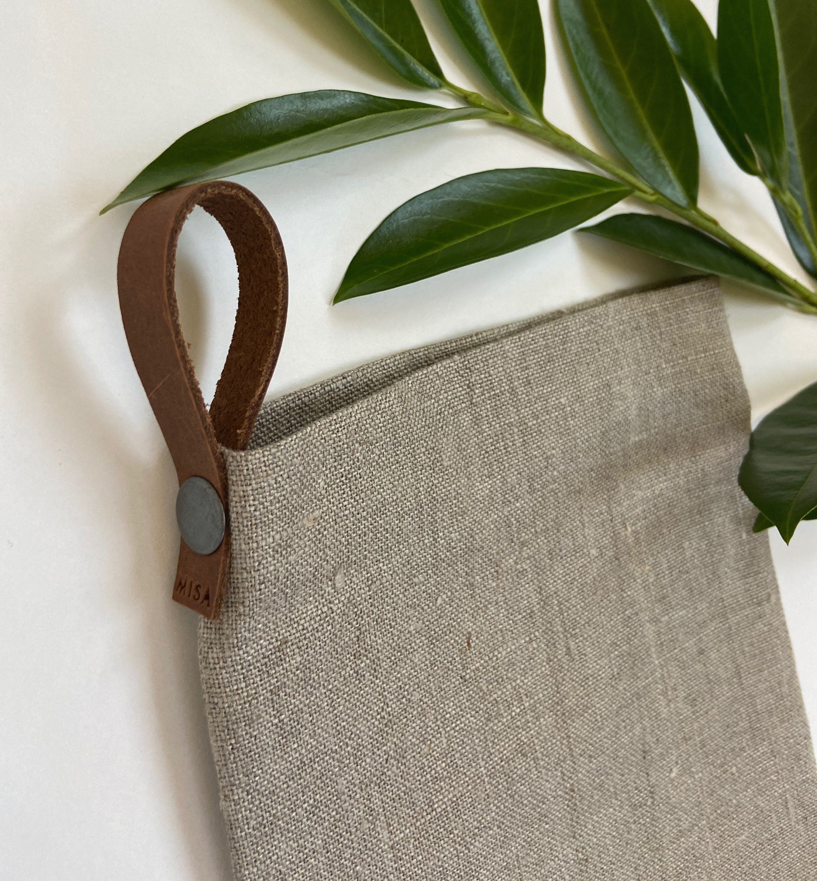 Christmas stocking natural linen tan neutral linen leather hanging tabs handmade and hand stitched |high quality many available