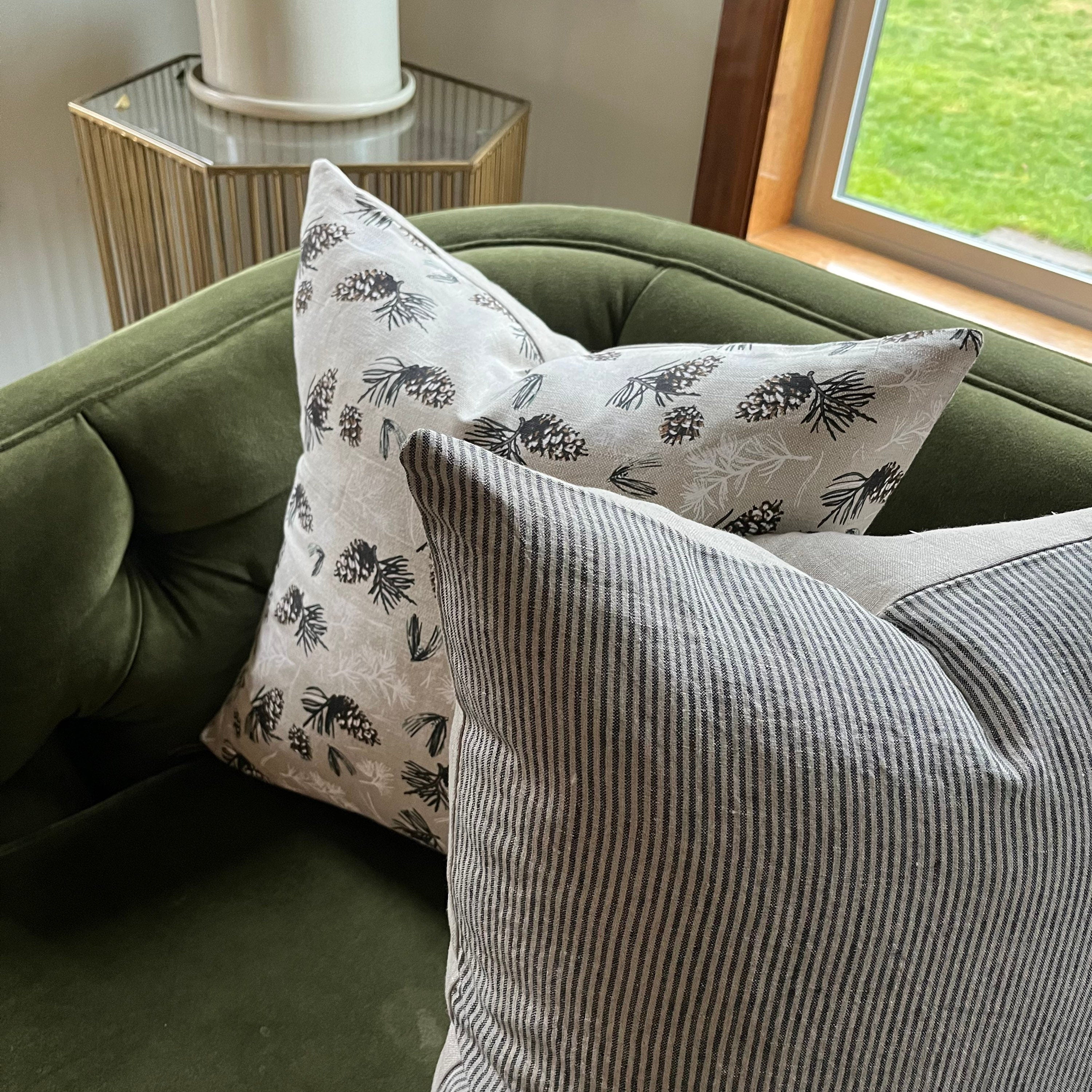 Black and tan pinstriped linen pillow cover gray striped pillow exposed zipper-leather pull 14x24 20” 22” 24” high quality housewarming gift