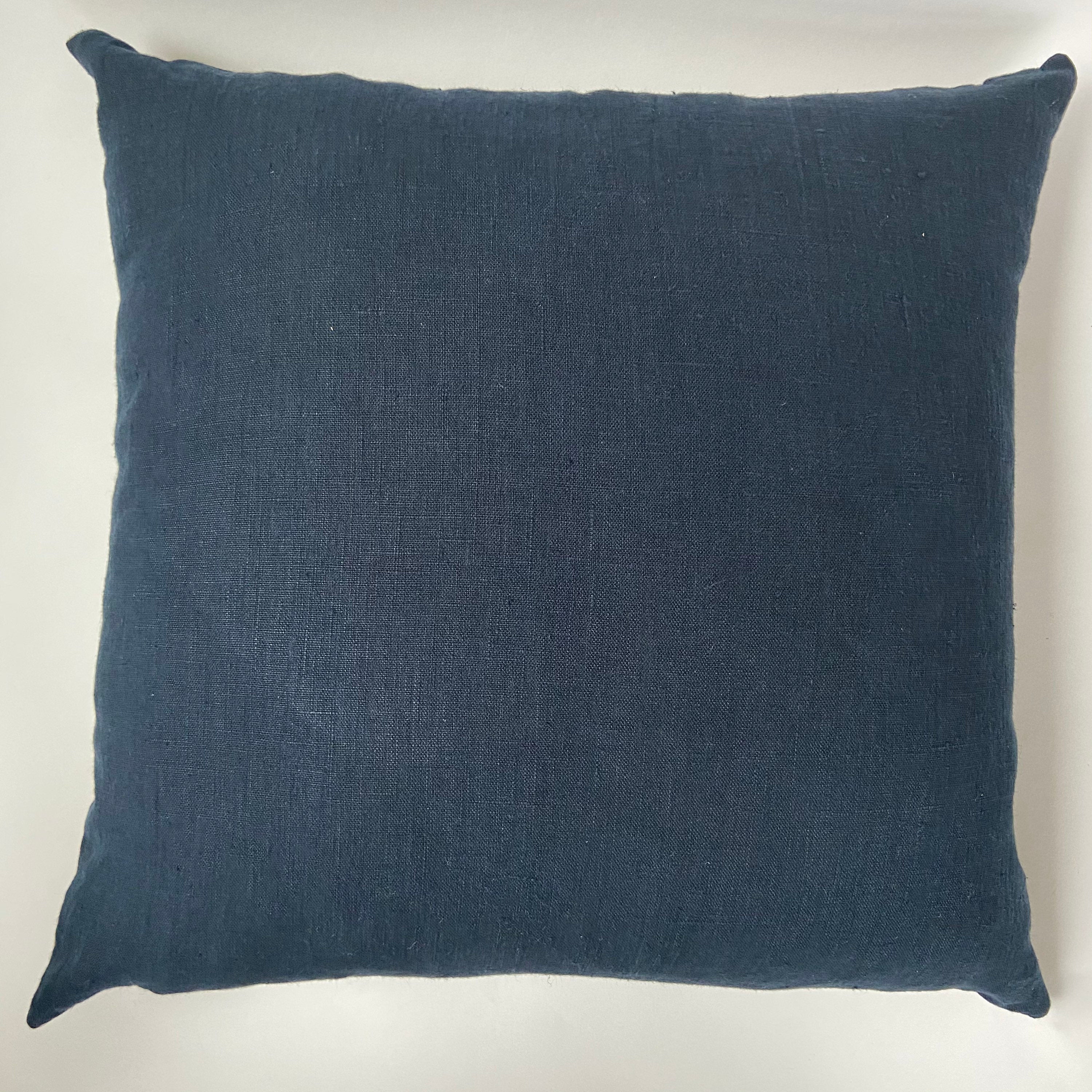 Navy blue linen pillow cover exposed zipper-leather pull 20x20”22x22"14x24 24x24 high quality neutral 100% Linen backing handcrafted by misa