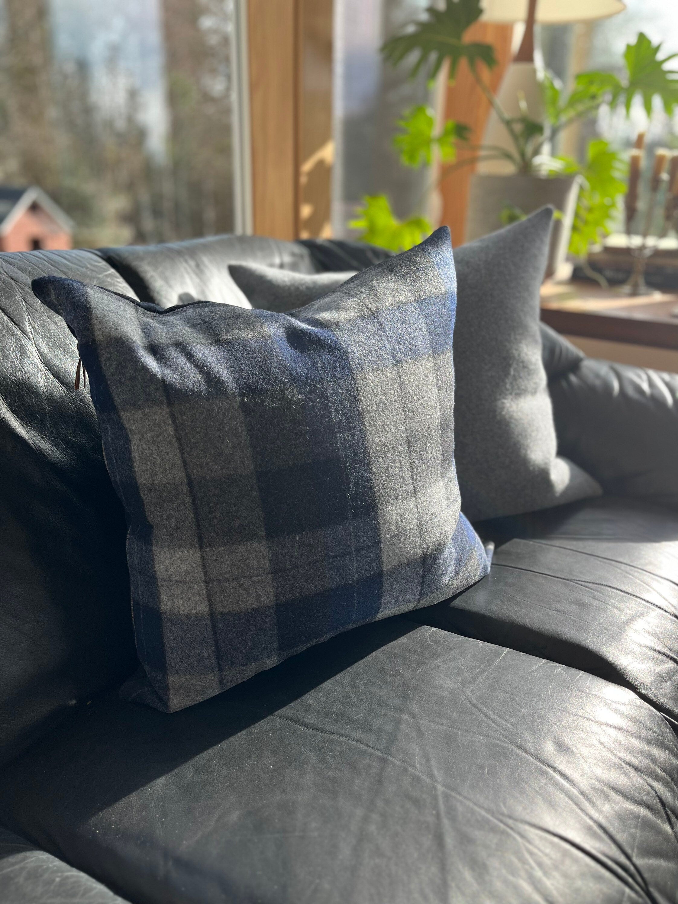 Blue black and gray plaid wool pillow cover exposed zipper-leather pull 24" 20" 22" 14x24"handmade