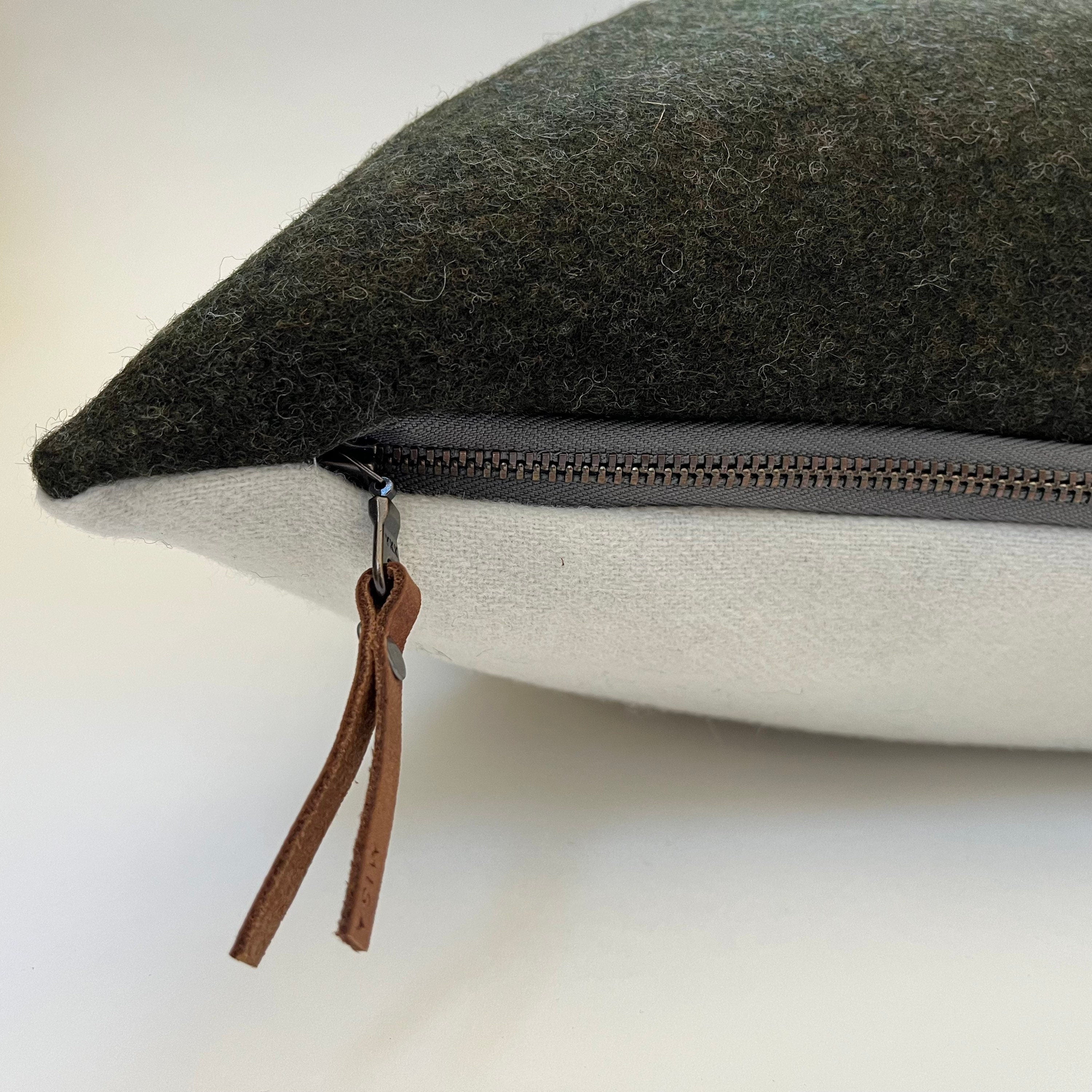 Swisscross pillow cover army green with cream swisscross exposed zipper-leather pull 20x20 or 24x14 lumbar handmade