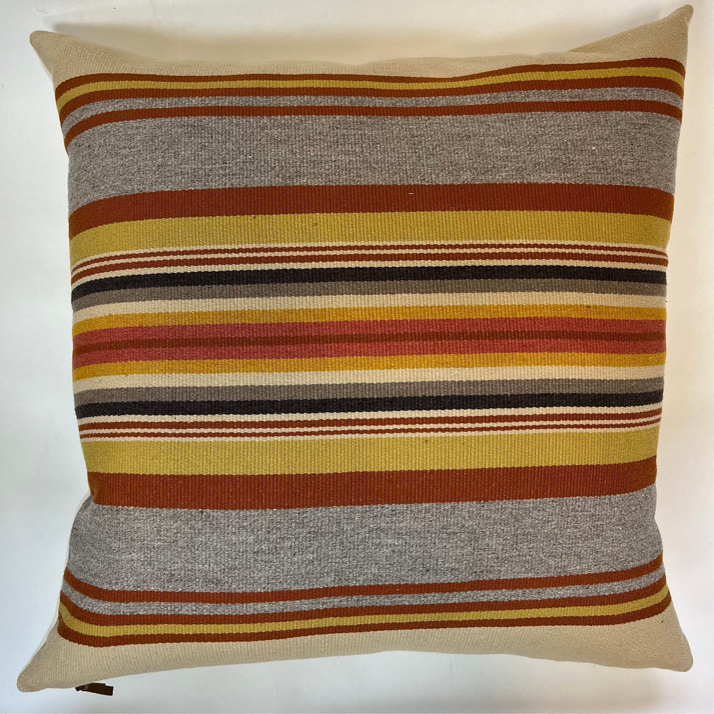 Striped Wool Pillow Cover: Orange and Summer Colors, Leather Pull
