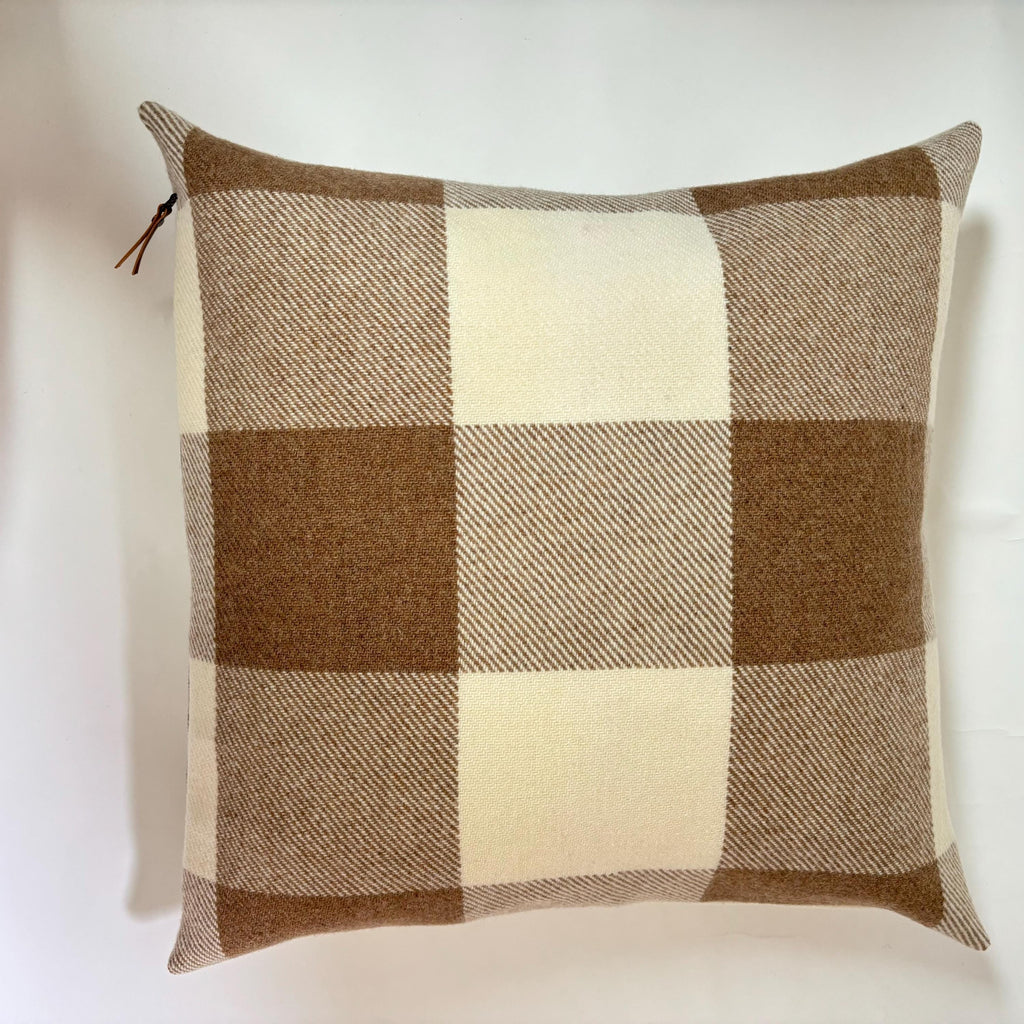 Tan and cream plaid wool Pillow Cover with Leather Pull housewarming gift