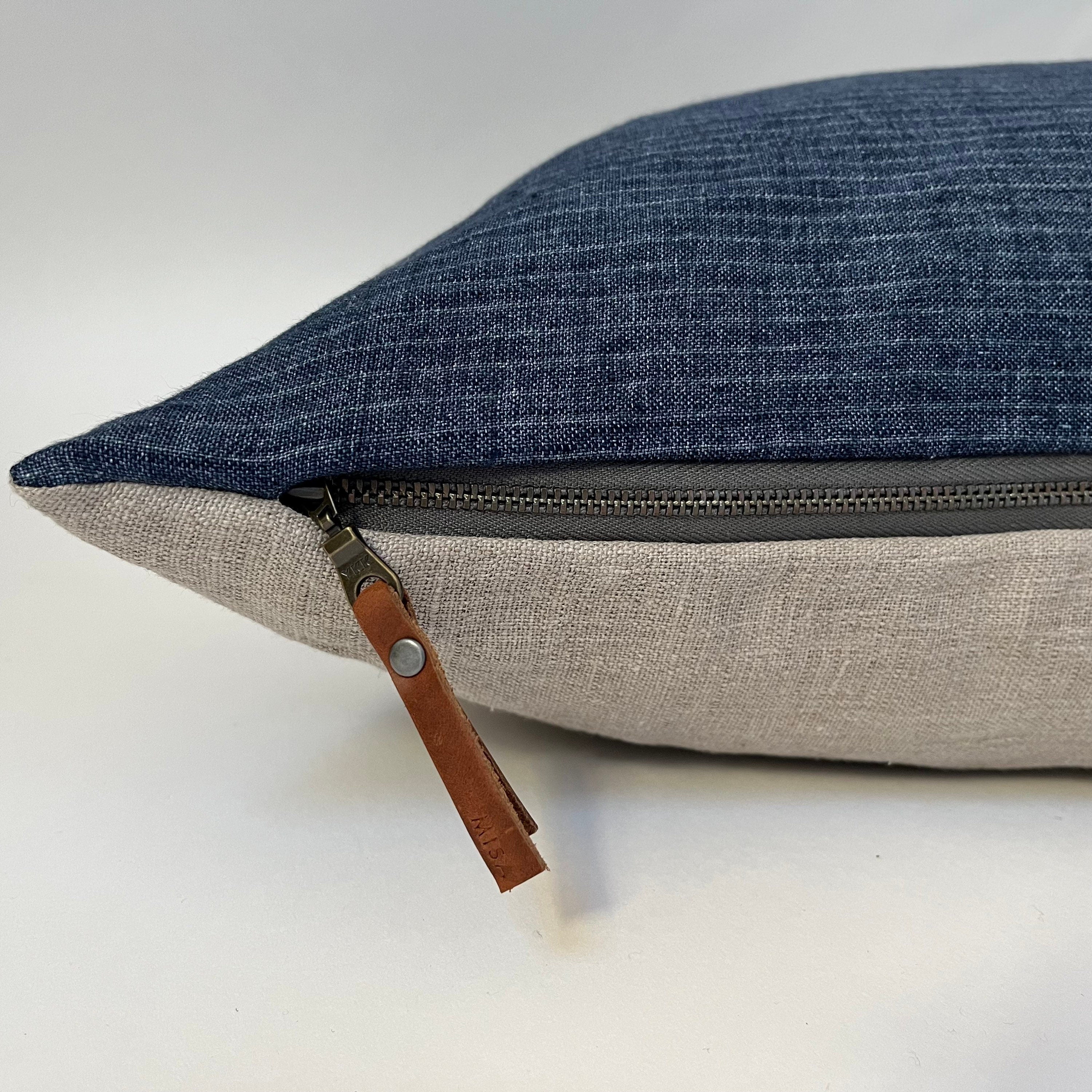 Blue striped linen pillow cover exposed zipper-leather pull 14x24 18” 20"22" 24"high quality 100% linen housewarming gift