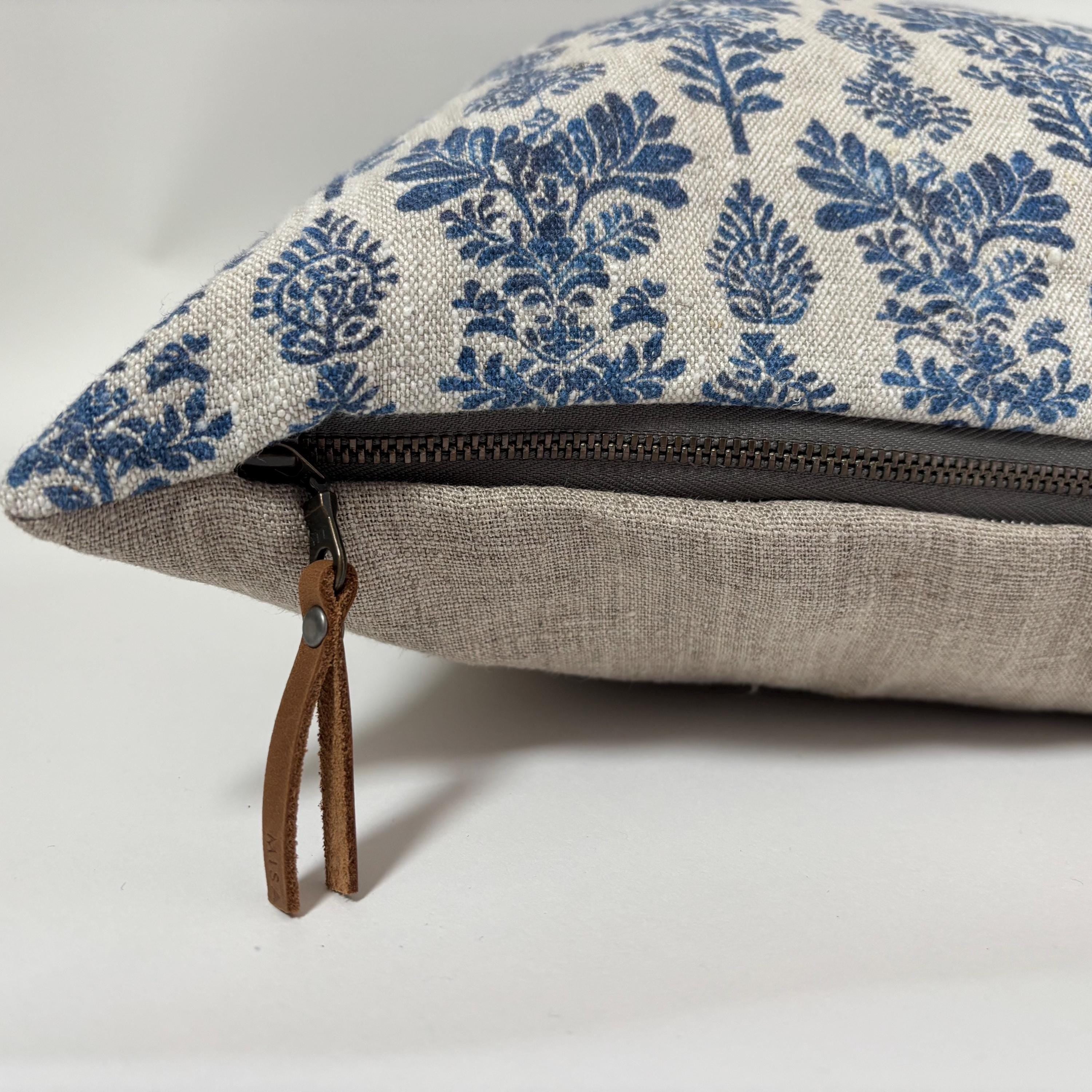 Blue Floral Linen Pillow Cover: Exposed Zipper, Leather Pull