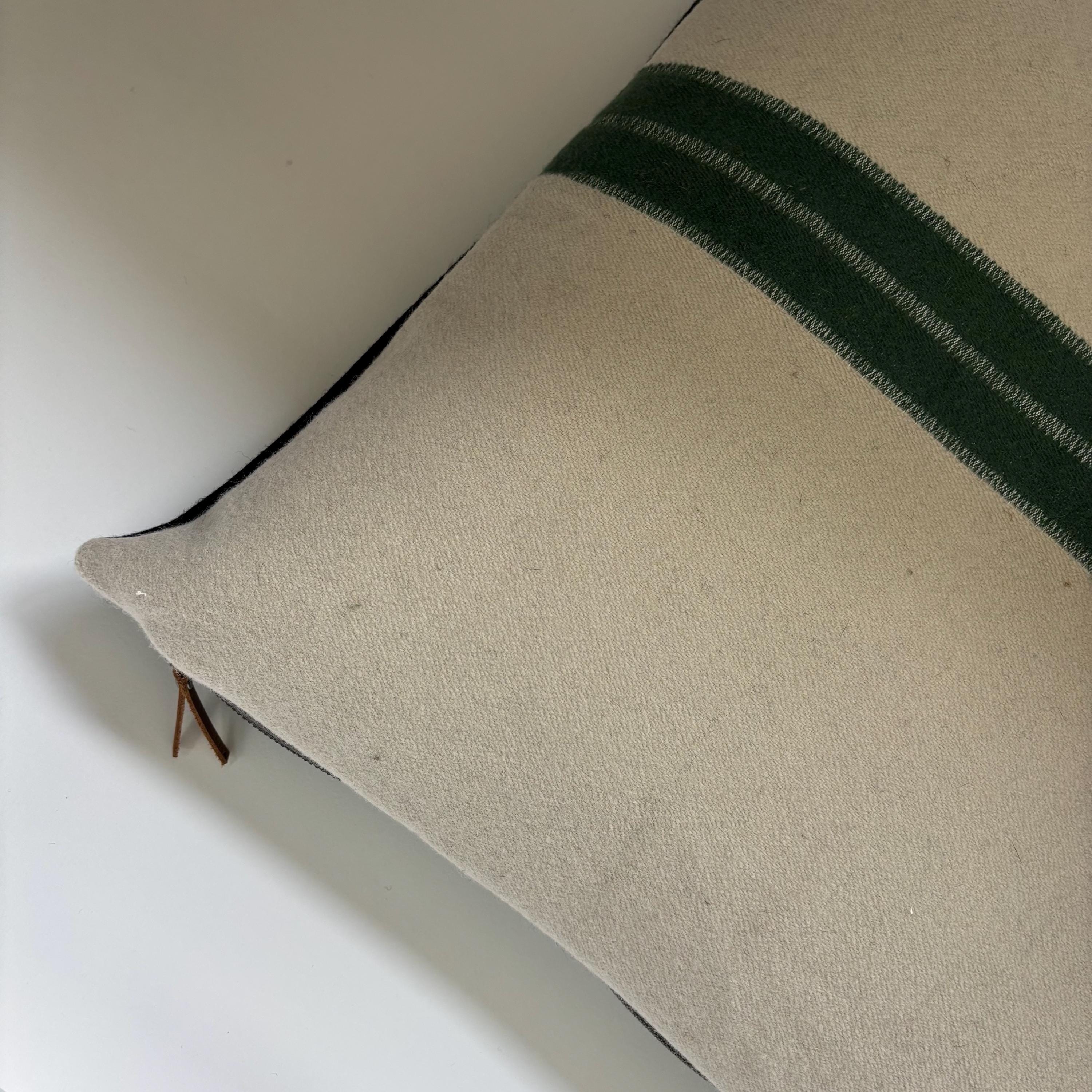 Gray wool pillow with green stripe 20” winter wool exposed zipper striped pillow housewarming gift