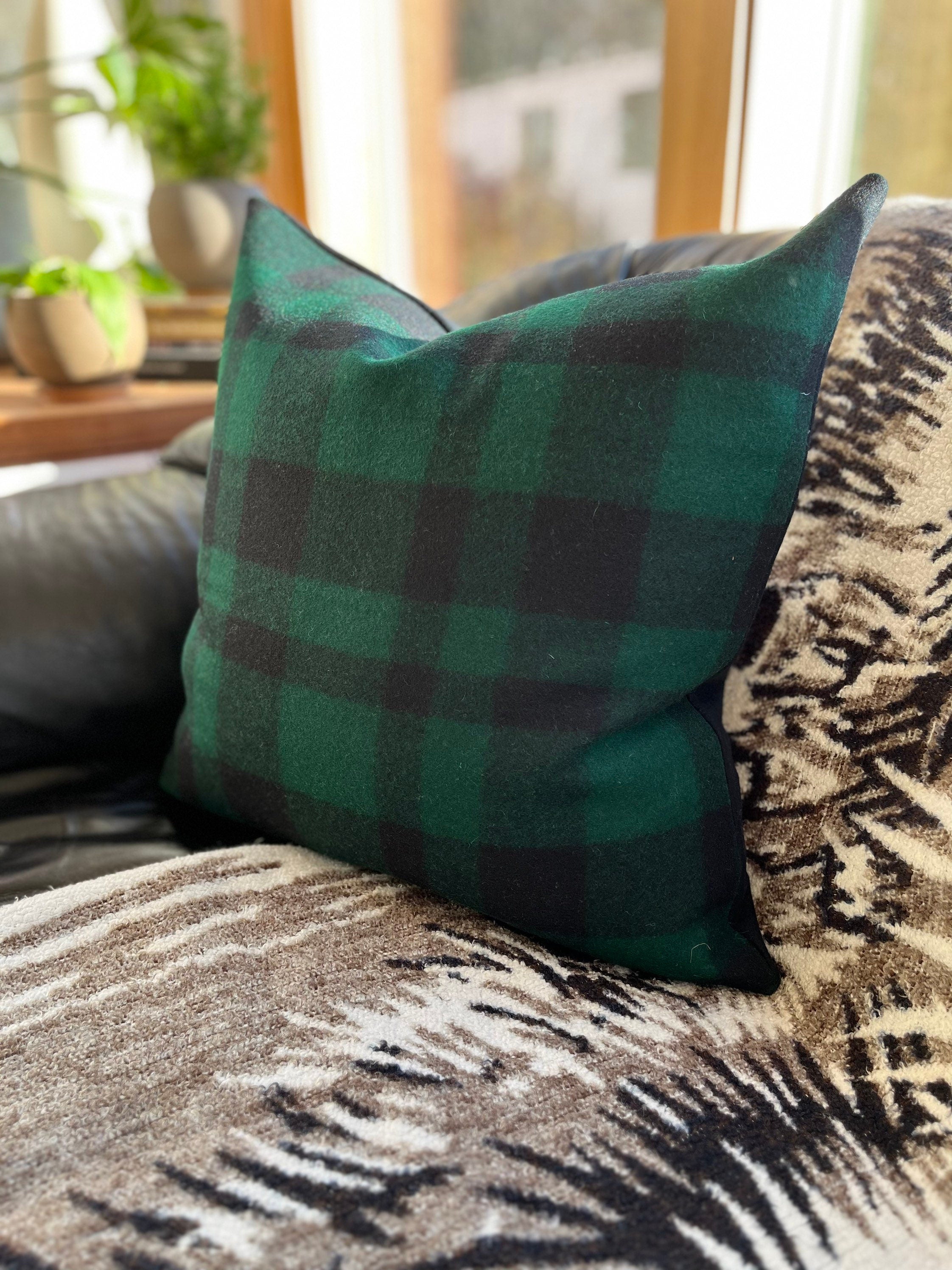 Green and Black buffalo plaid wool pillow cover exposed zipper-leather pull  20"22"24" 14x24 handmade Handcrafted by misa