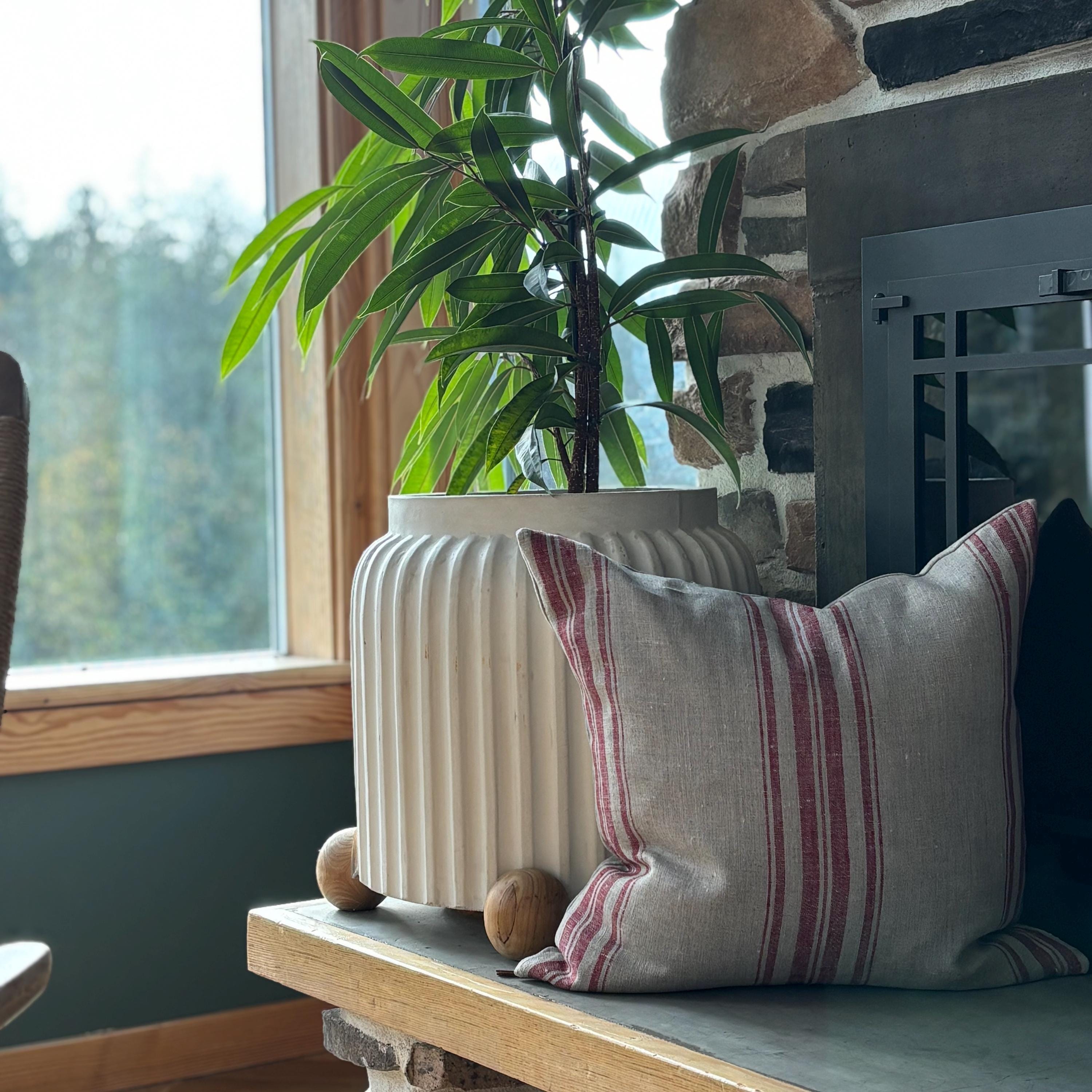 Red Striped Linen Pillow Cover: 18x18 Exposed Zipper, Leather Pull