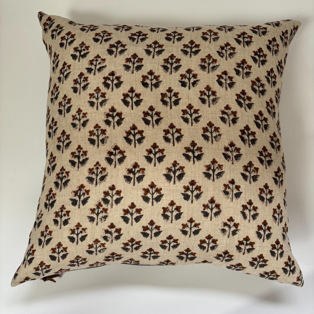 Floral Linen Pillow Cover: Gray Brown Print, Leather Zipper Pull