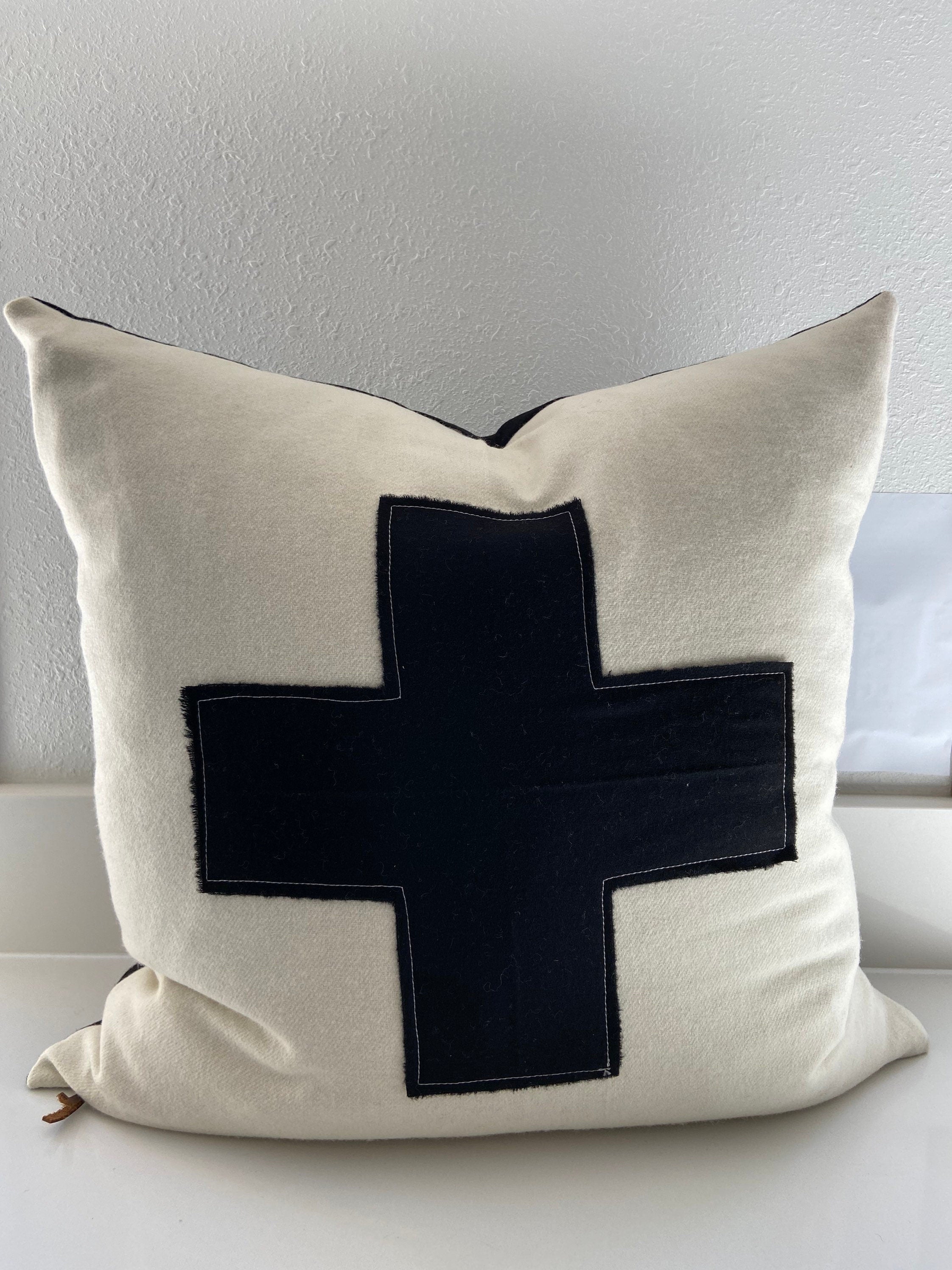 Swisscross pillow cover black with cream cross exposed zipper-leather pull 20x20 or 24x14 lumbar made with black wool
