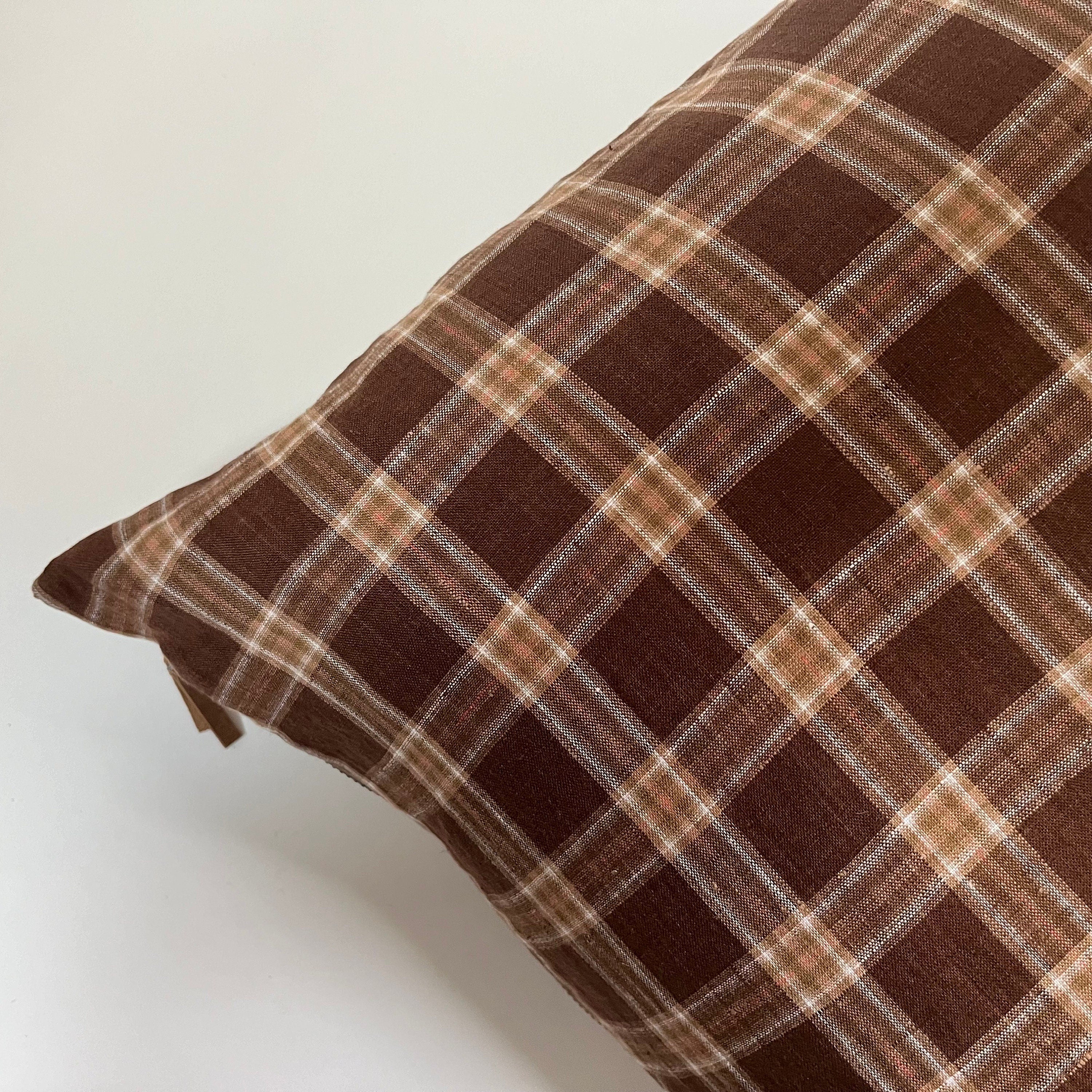 Handcrafted Brown Plaid Linen Pillow Cover: Exposed Zipper, Leather Pull