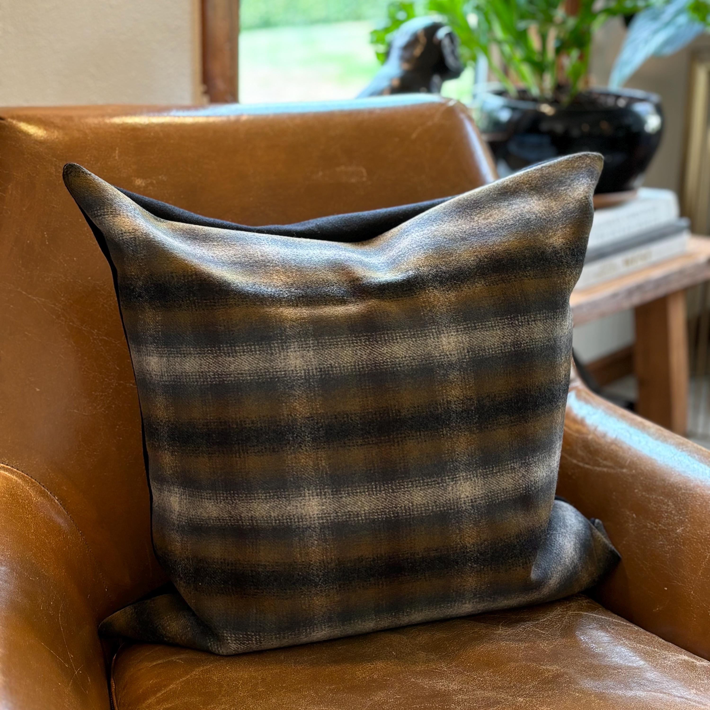 Wool Pillow Cover: Blue and tans Plaid Throw Pillow with Leather Pull