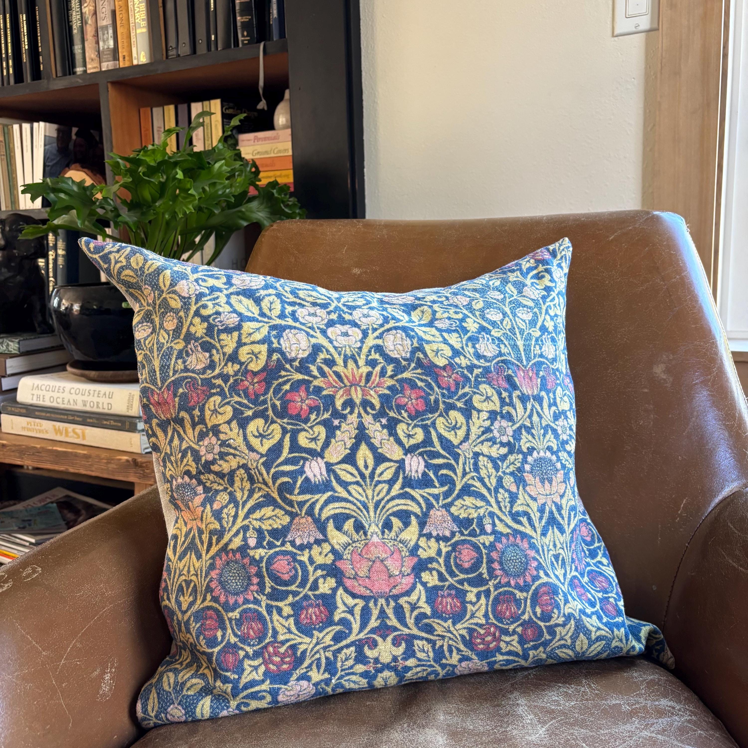 William Morris Floral Linen Pillow Cover: Blue & Yellow with Leather Pull
