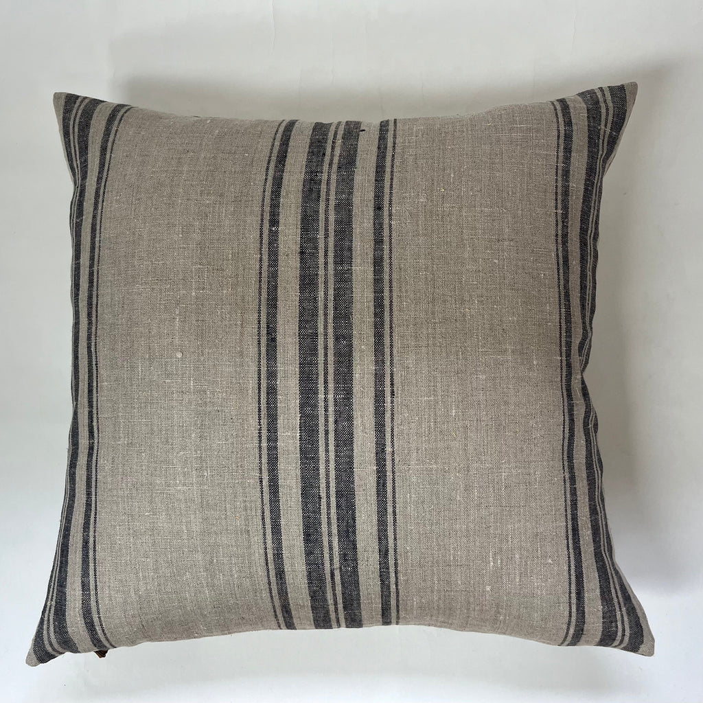Striped Linen Pillow Cover: Charcoal Gray, Leather Pull - 18x18