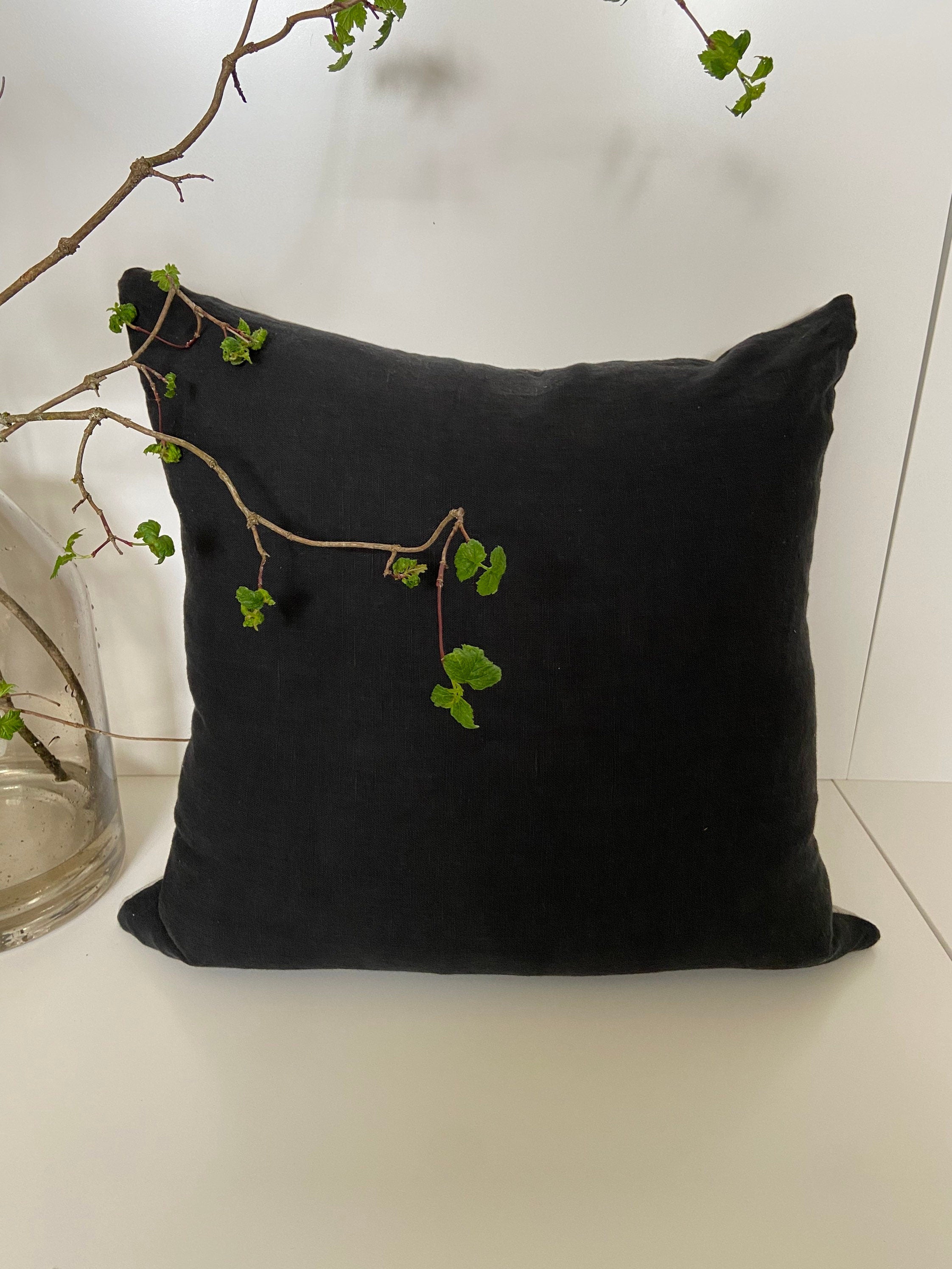 Black linen pillow cover 100% linen exposed zipper-leather pull 20x20” 22x22" 24x24”or 14x24” housewarming gift