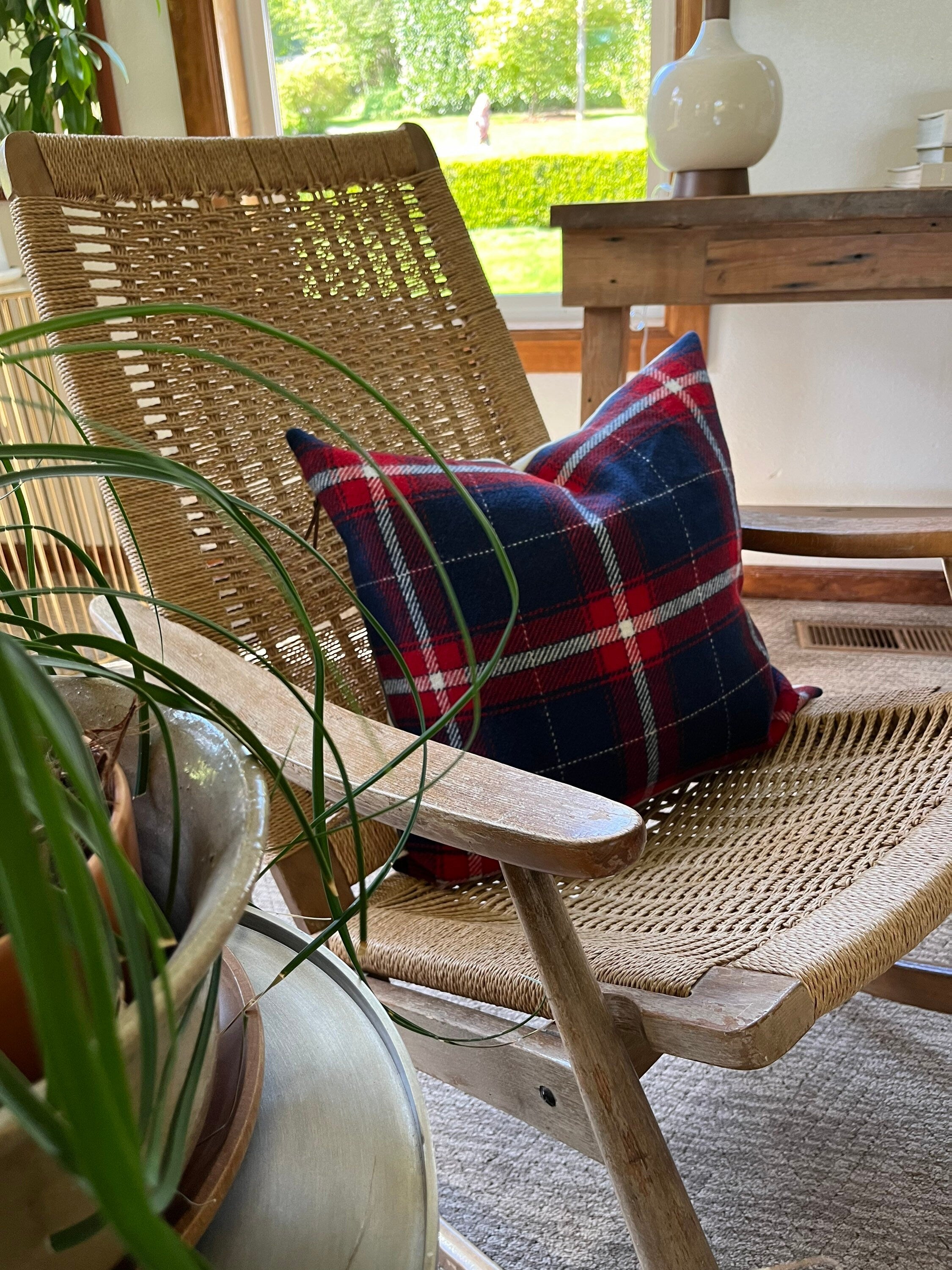 Red white Blue plaid wool pillow housewarming Fourth of July exposed zipper 14x24 24" 22"20" Handmade Handcrafted by misa