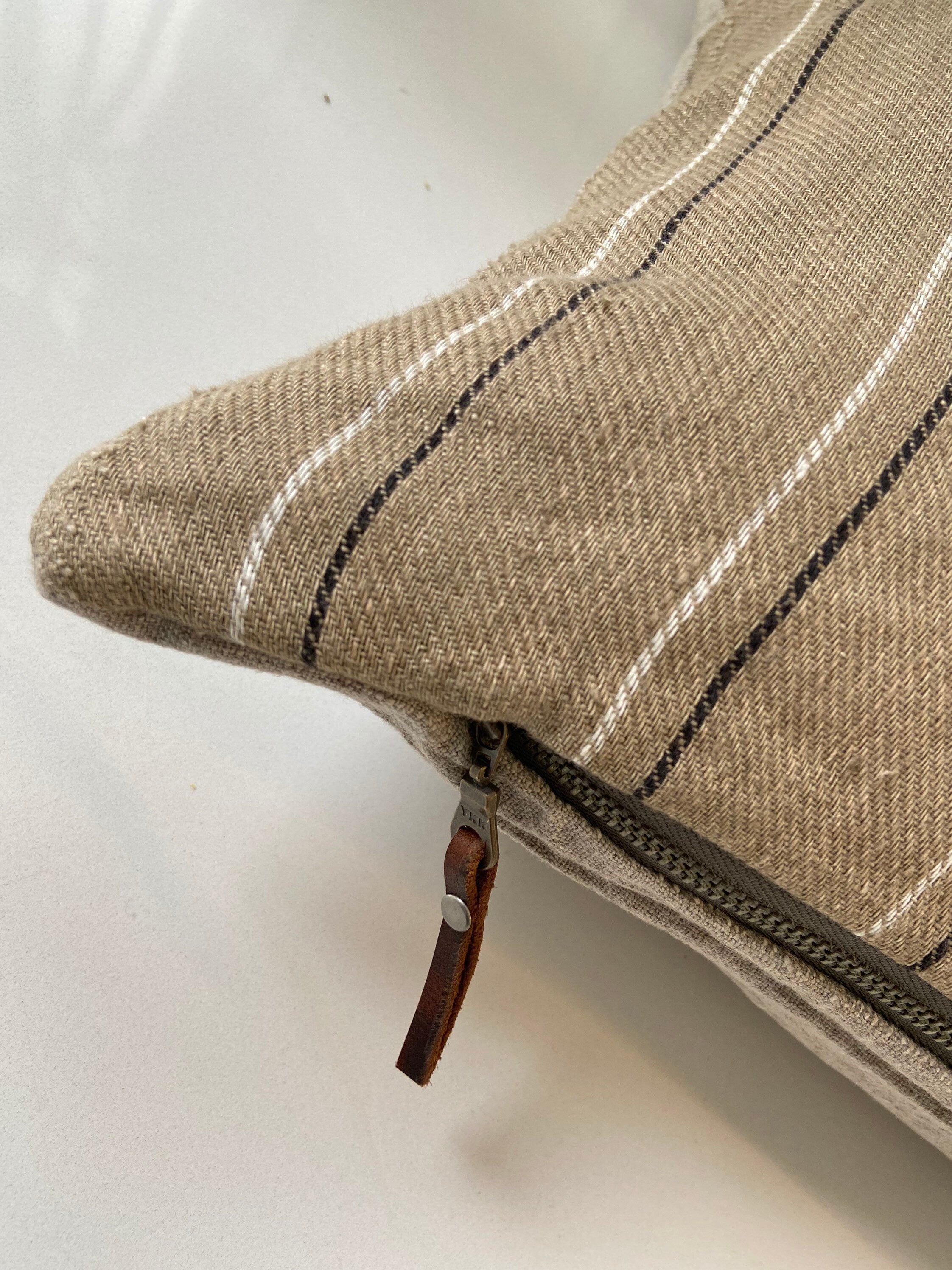Tan white black striped tan linen lumbar pillow cover exposed zipper-leather pull 14x24 20"22"24" high quality neutral Linen backing