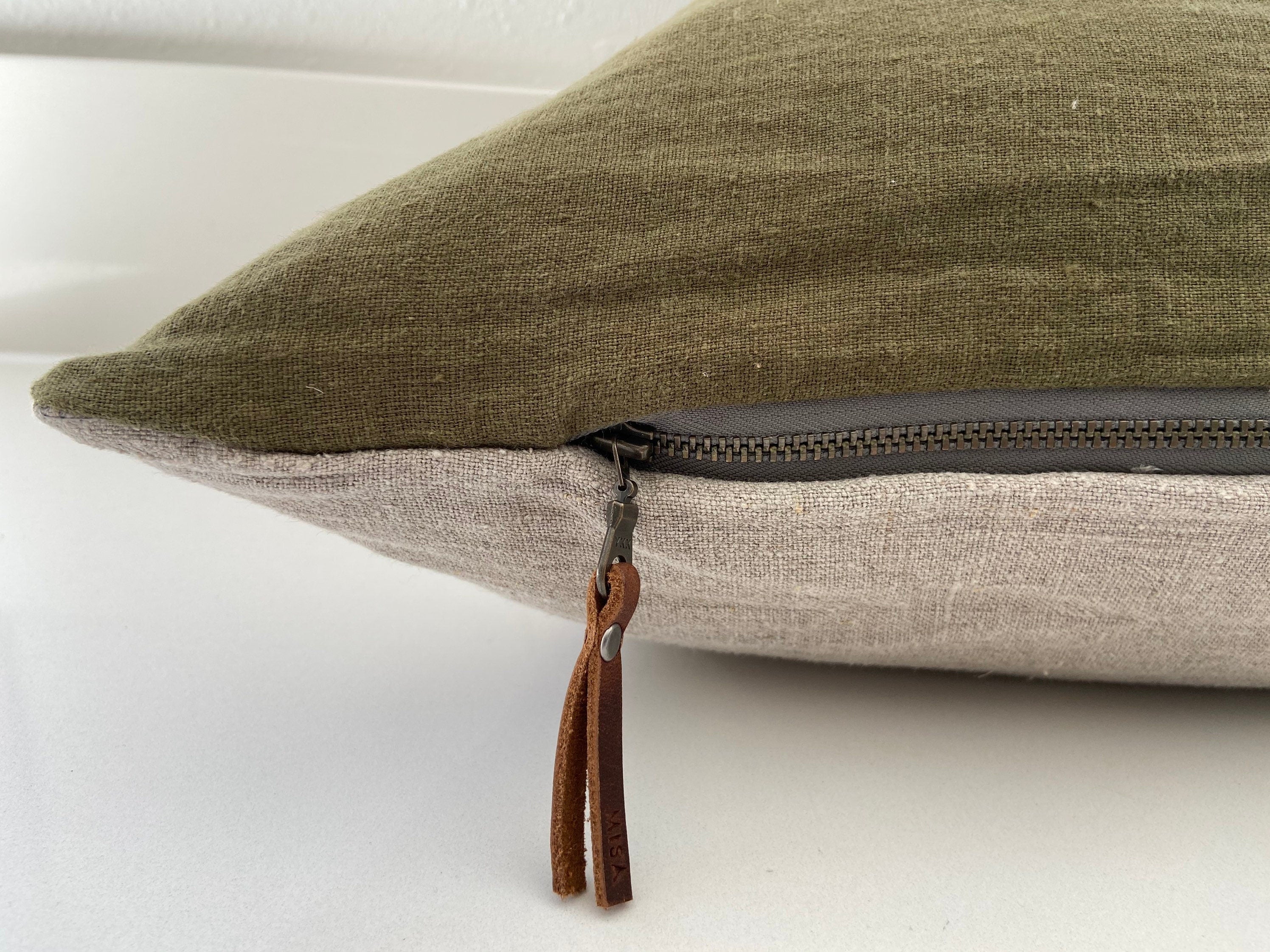 Luxury olive green linen pillow cover with neutral linen backing | exposed zipper-leather pull 20"22"24" 14x24 handcrafted by misa