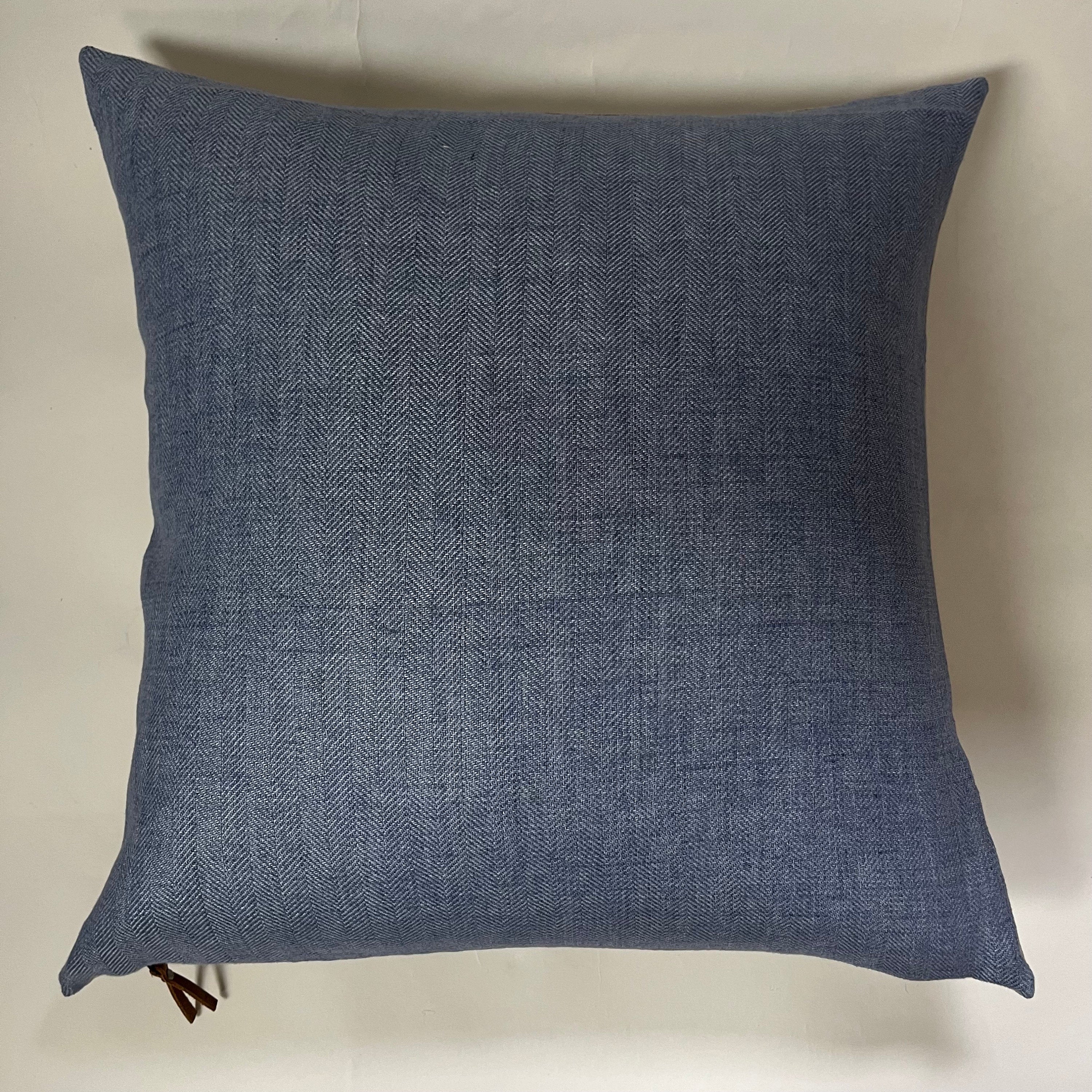Handcrafted Blue Linen Pillow Cover: Exposed Zipper, Leather Pull