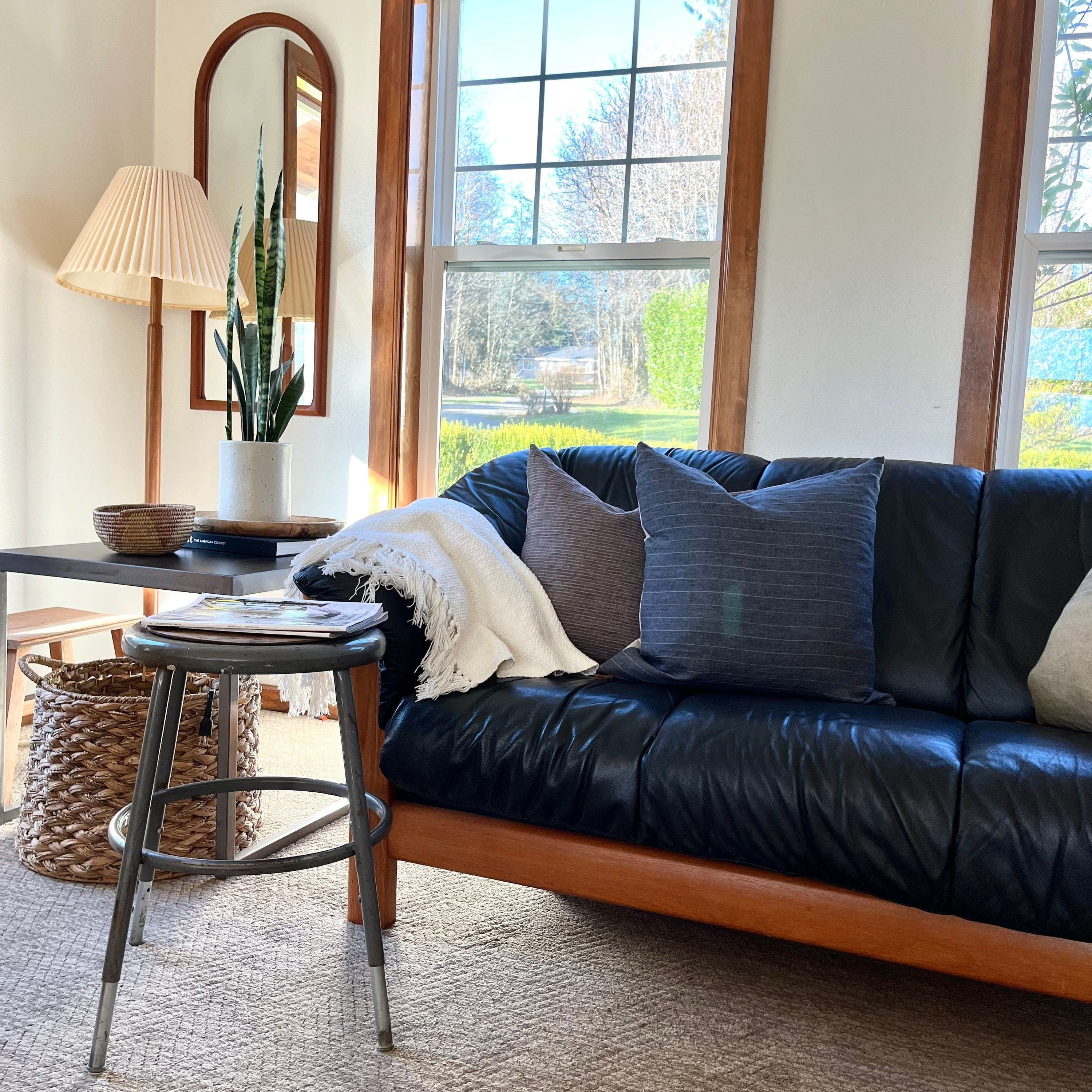 Dark gray striped linen pillow cover exposed zipper-leather pull  14x24 20x20 24x24 high quality 100% linen housewarming gift