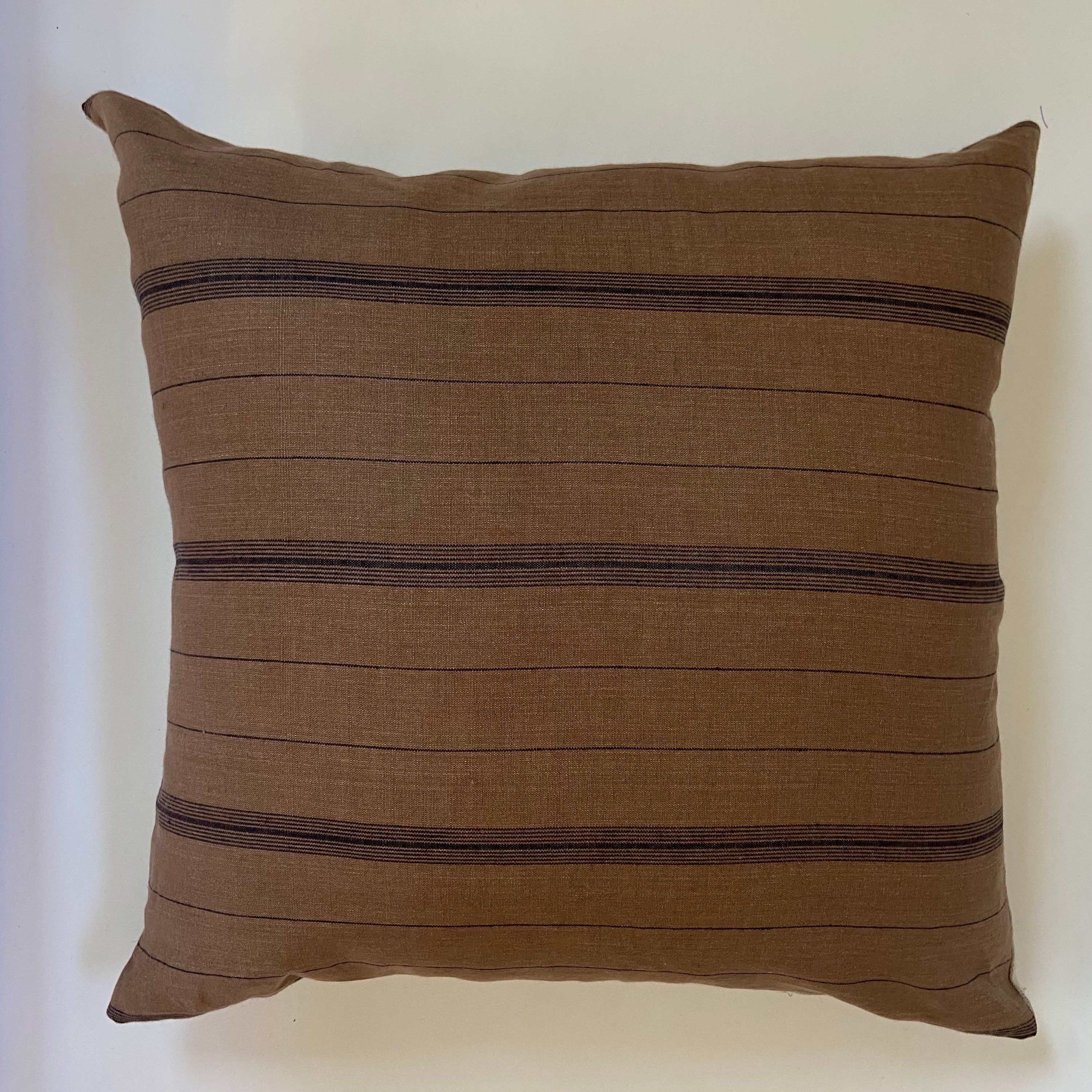Striped Linen Pillow Cover: Navy Blue and Brown with Leather Pull