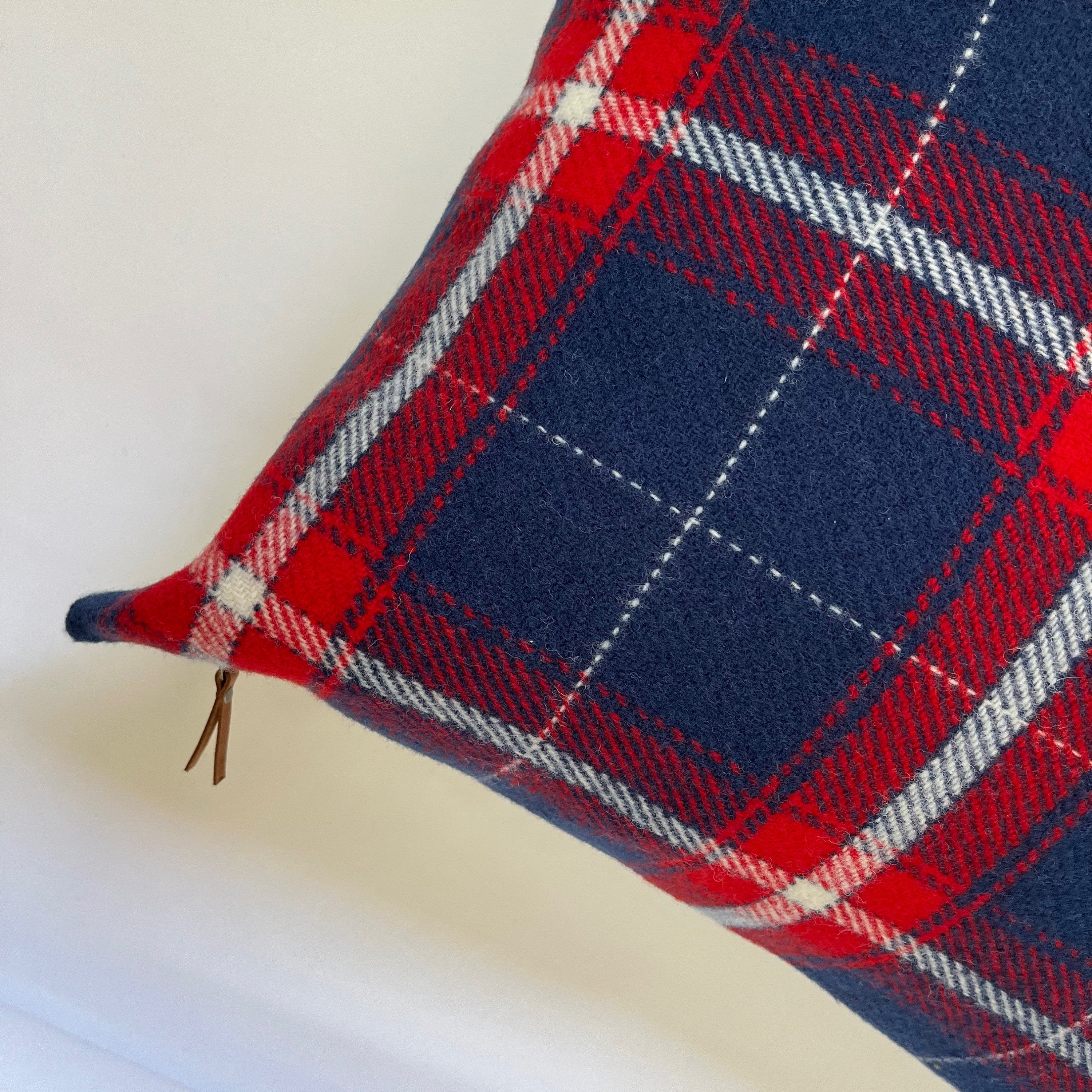 Red white Blue plaid wool pillow housewarming Fourth of July exposed zipper 14x24 24" 22"20" Handmade Handcrafted by misa