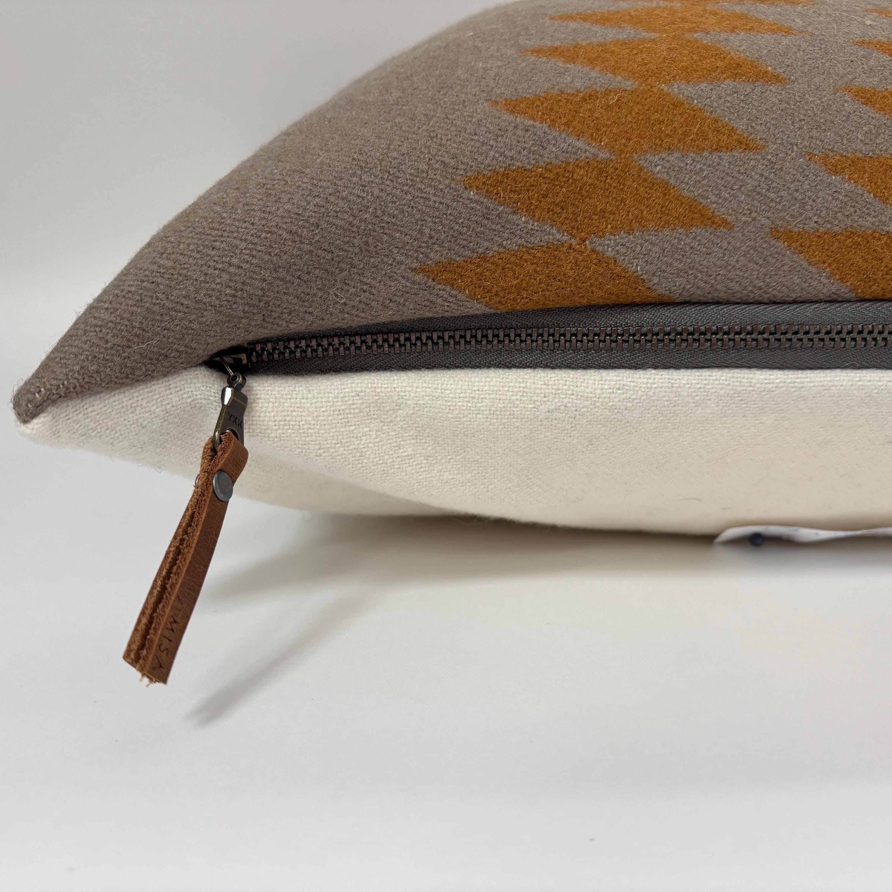 Wool Pillow Cover: Tan blue and gold Aztec Design, Leather Zipper Pull (18x18”)