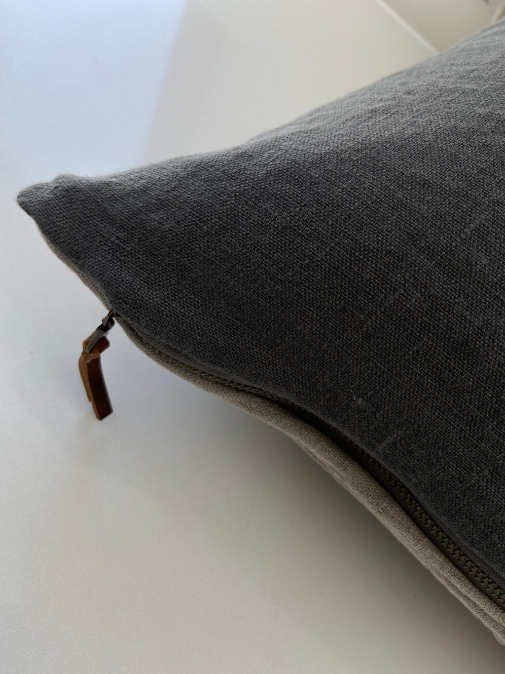 graphite linen pillow gray pillow gray linen pillow exposed zipper leather pull 24”20”22' 14x24” 100% linen housewarming gift