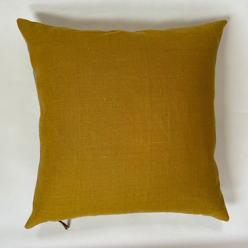 Gold linen pillow cover with neutral linen backing exposed zipper-leather pull 20x20” 22x22" 24x24" 14x24” handcrafted by misa housewarming